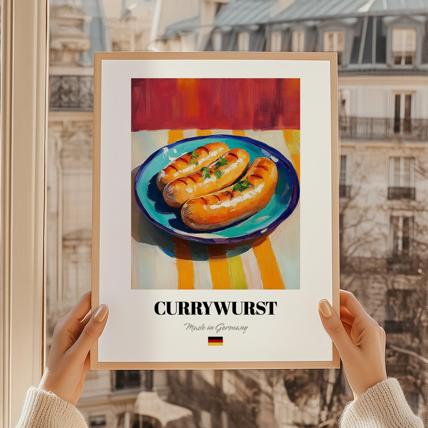 Currywurst – Art, German Food Still Life, styled in a charming Paris street view