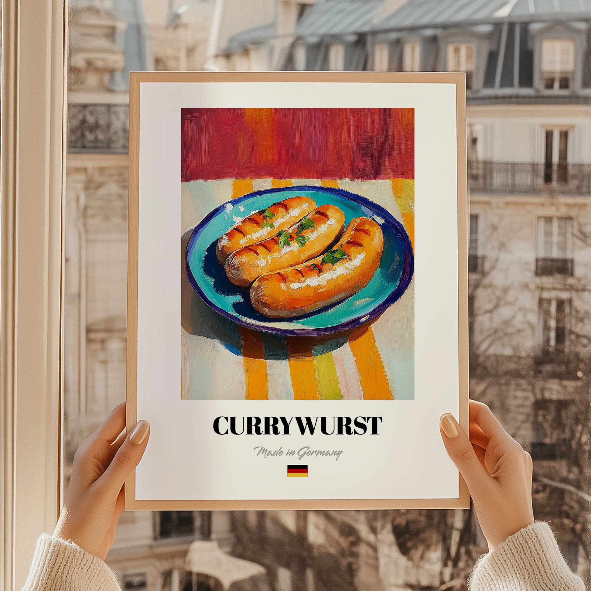 Currywurst – Art, German Food Still Life, styled in a charming Paris street view