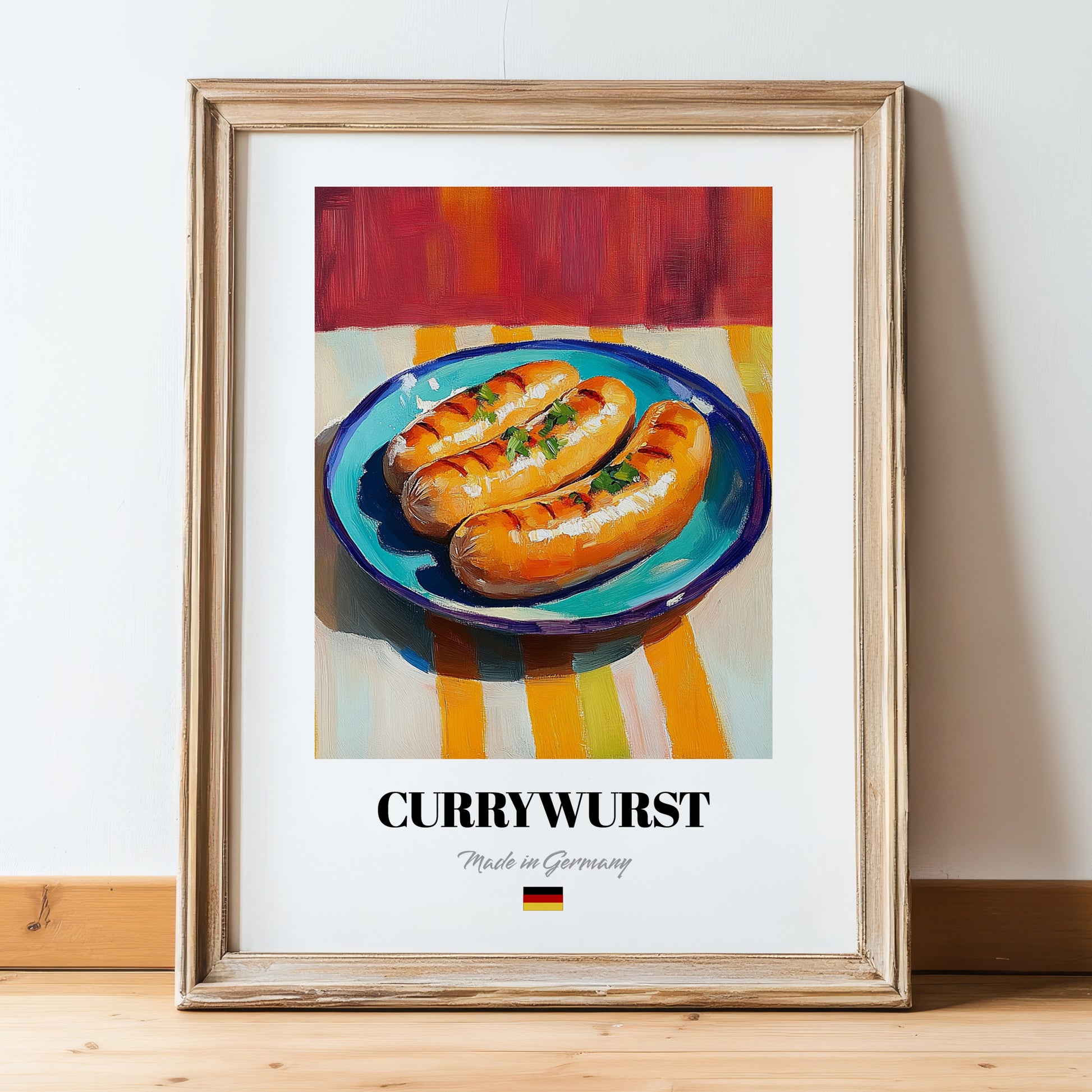 Currywurst – Art, German Food Still Life, in wooden frame leaning on the floor