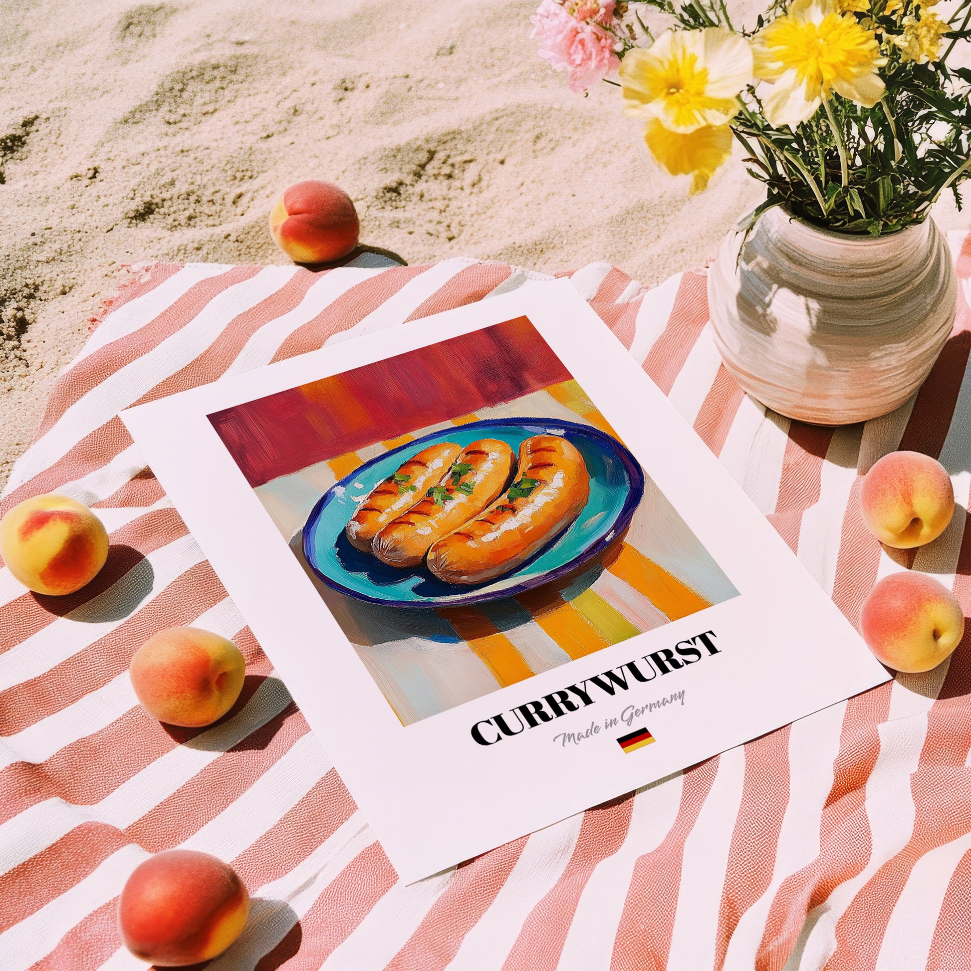 Currywurst – Art, German Food Still Life, unframed on coastal sand