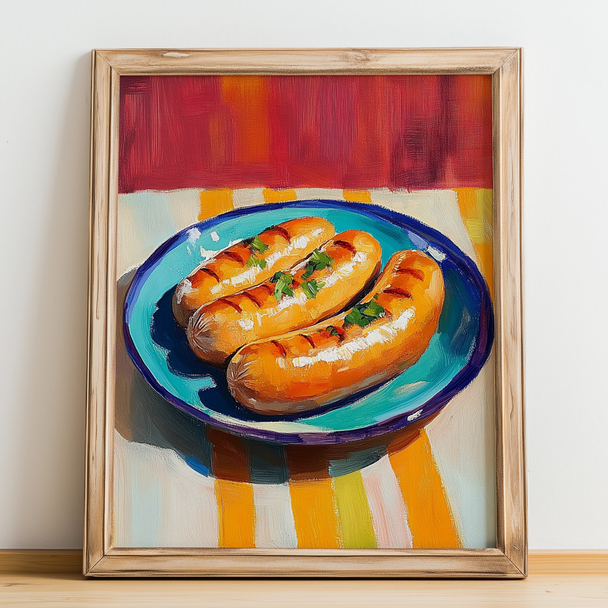 Currywurst – Art, German Food Still Life, no-text version framed in wood