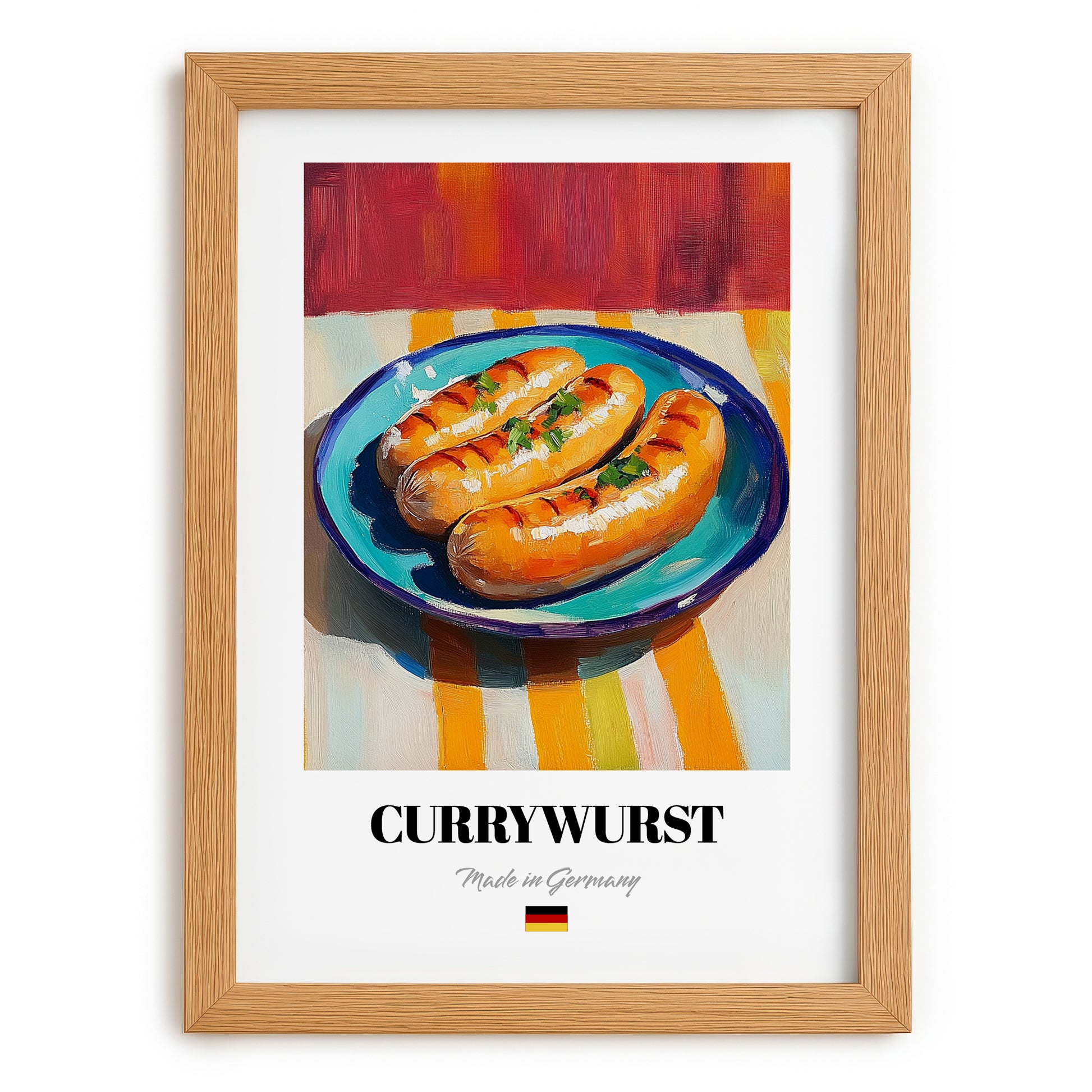Currywurst – Art, German Food Still Life, set in oak frame
