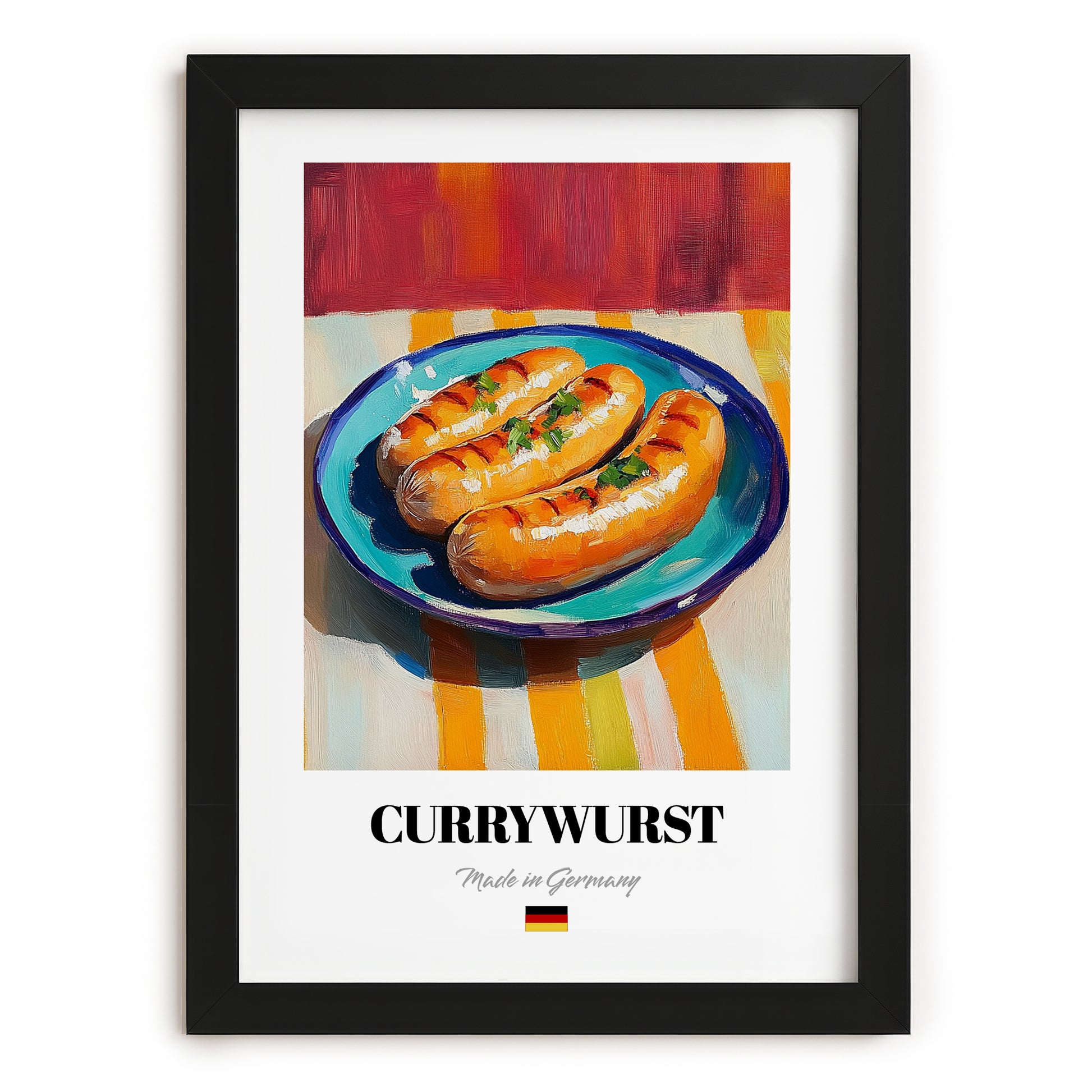 Currywurst – Art, German Food Still Life, in sleek black frame