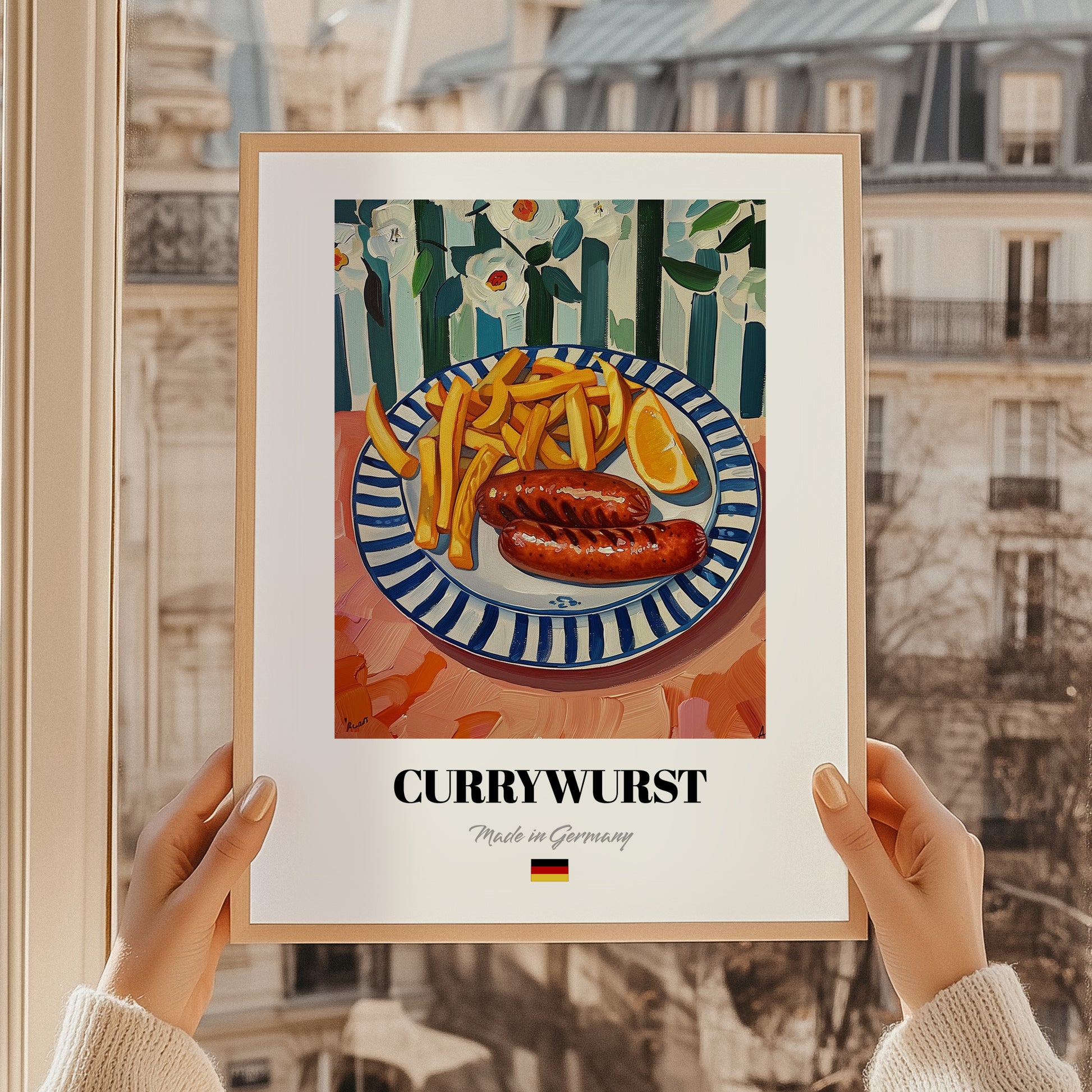 Currywurst – Art, German Food Still Life, styled in a charming Paris street view