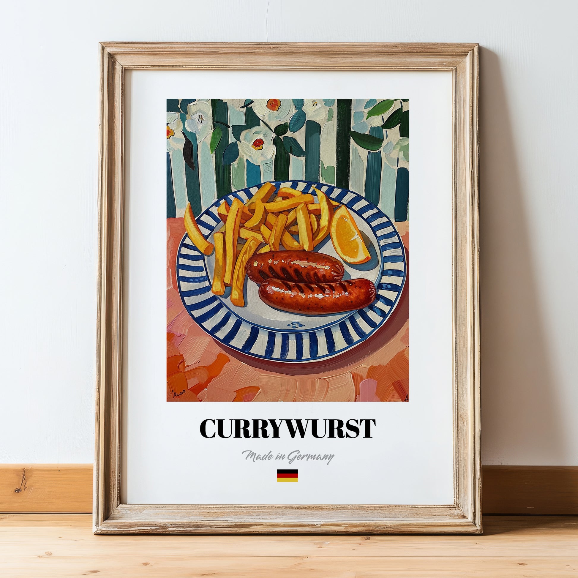 Currywurst – Art, German Food Still Life, in wooden frame leaning on the floor