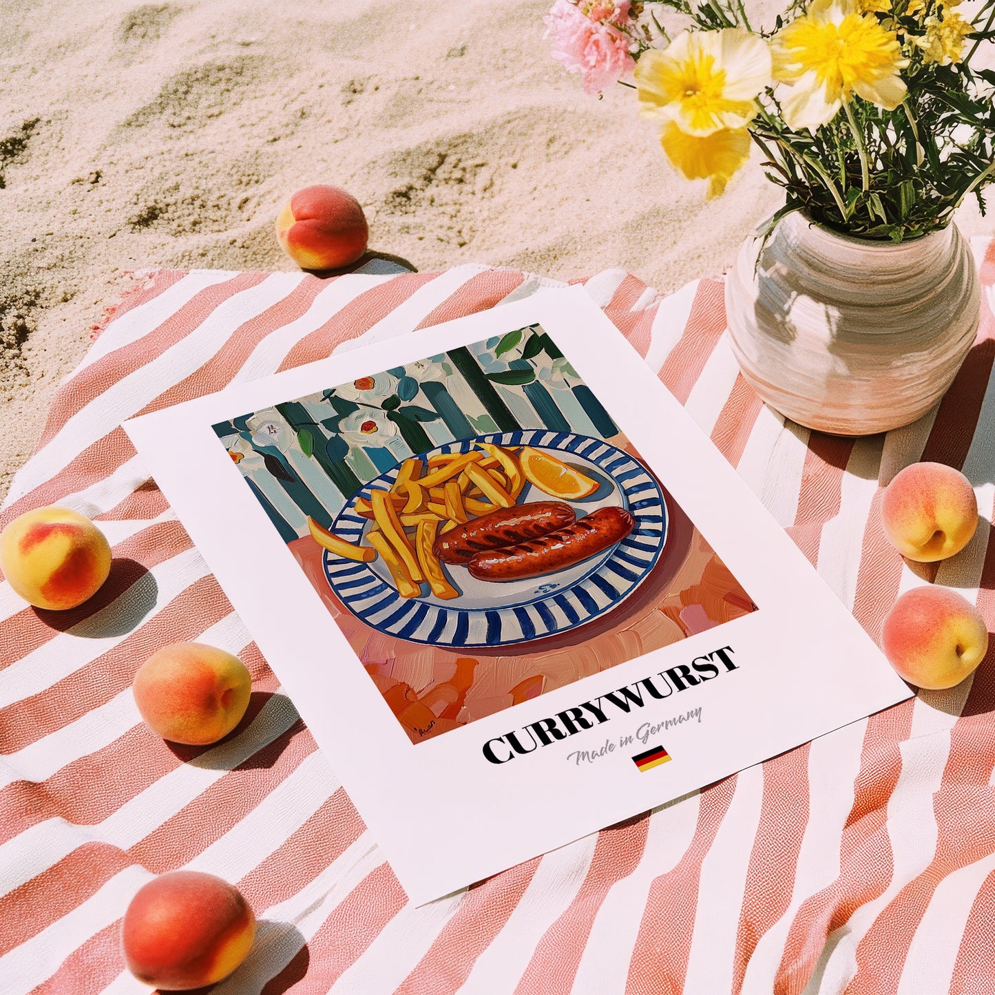 Currywurst – Art, German Food Still Life, unframed on coastal sand