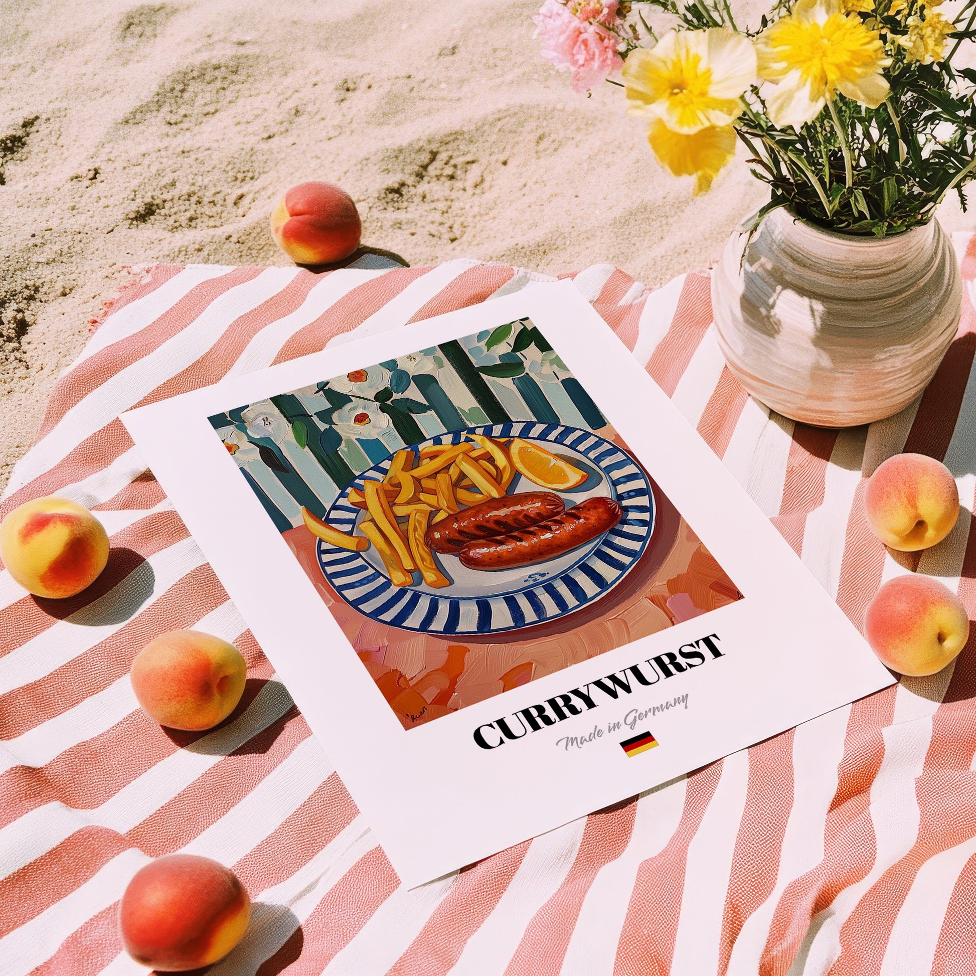 Currywurst – Art, German Food Still Life, unframed on coastal sand