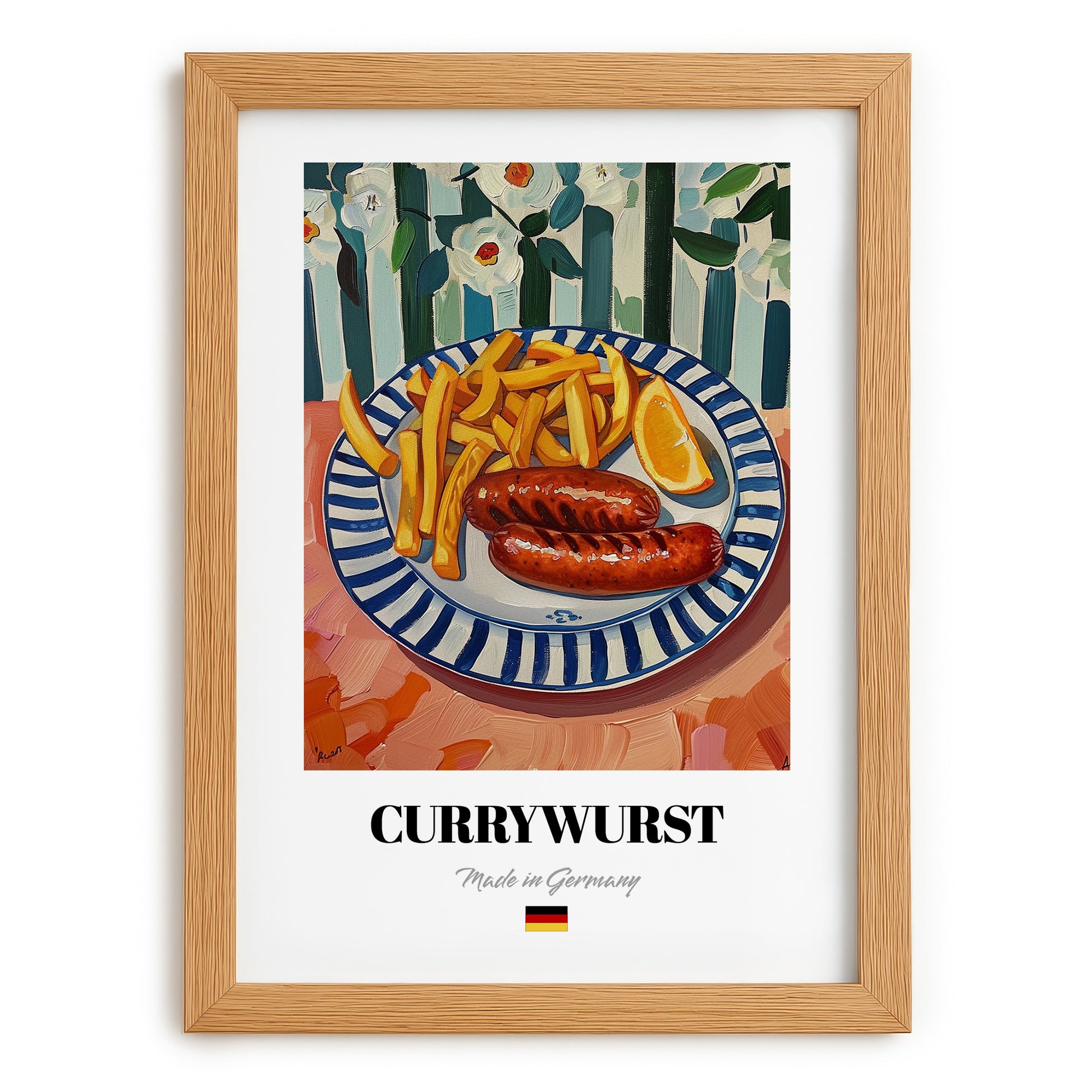 Currywurst – Art, German Food Still Life, set in oak frame