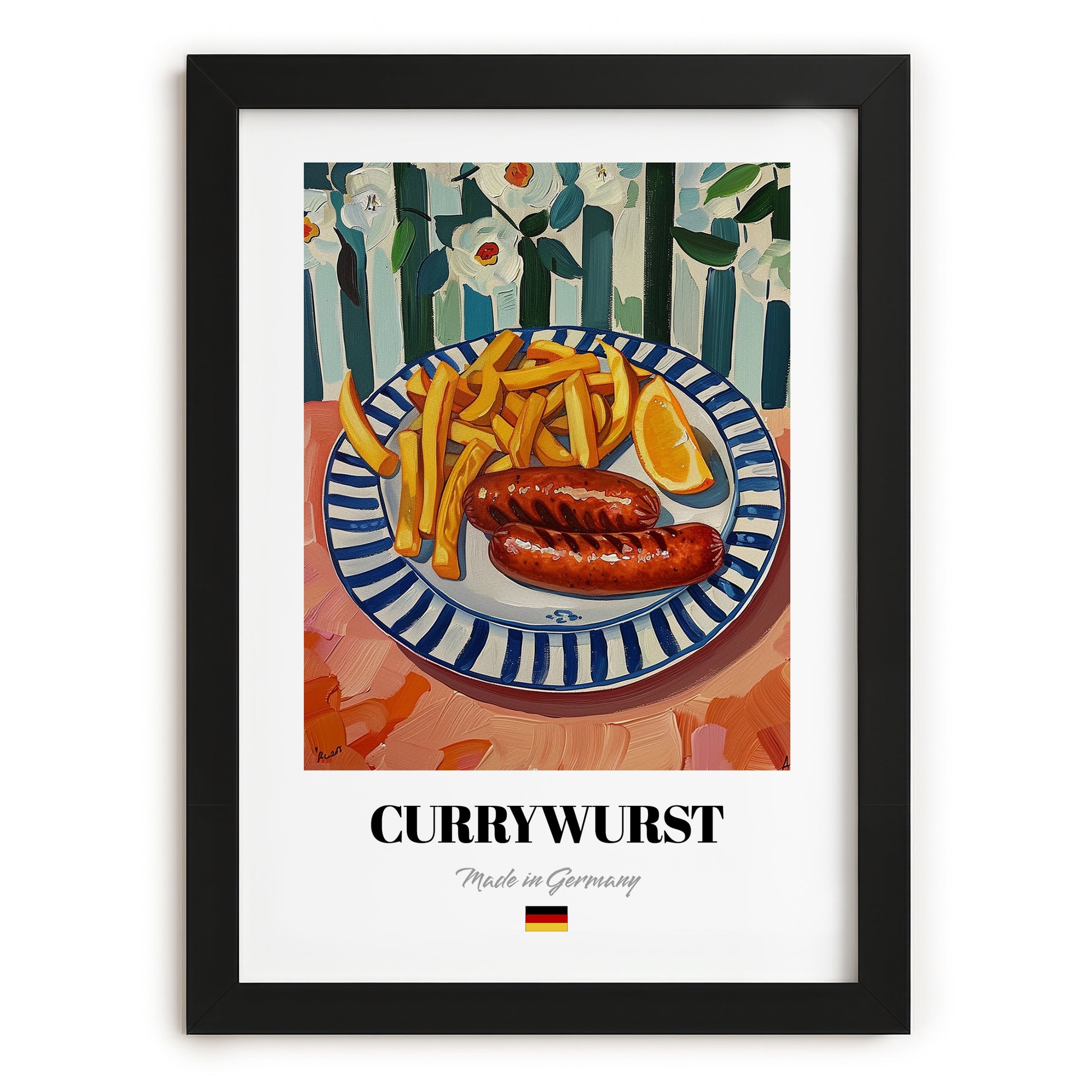 Currywurst – Art, German Food Still Life, in sleek black frame
