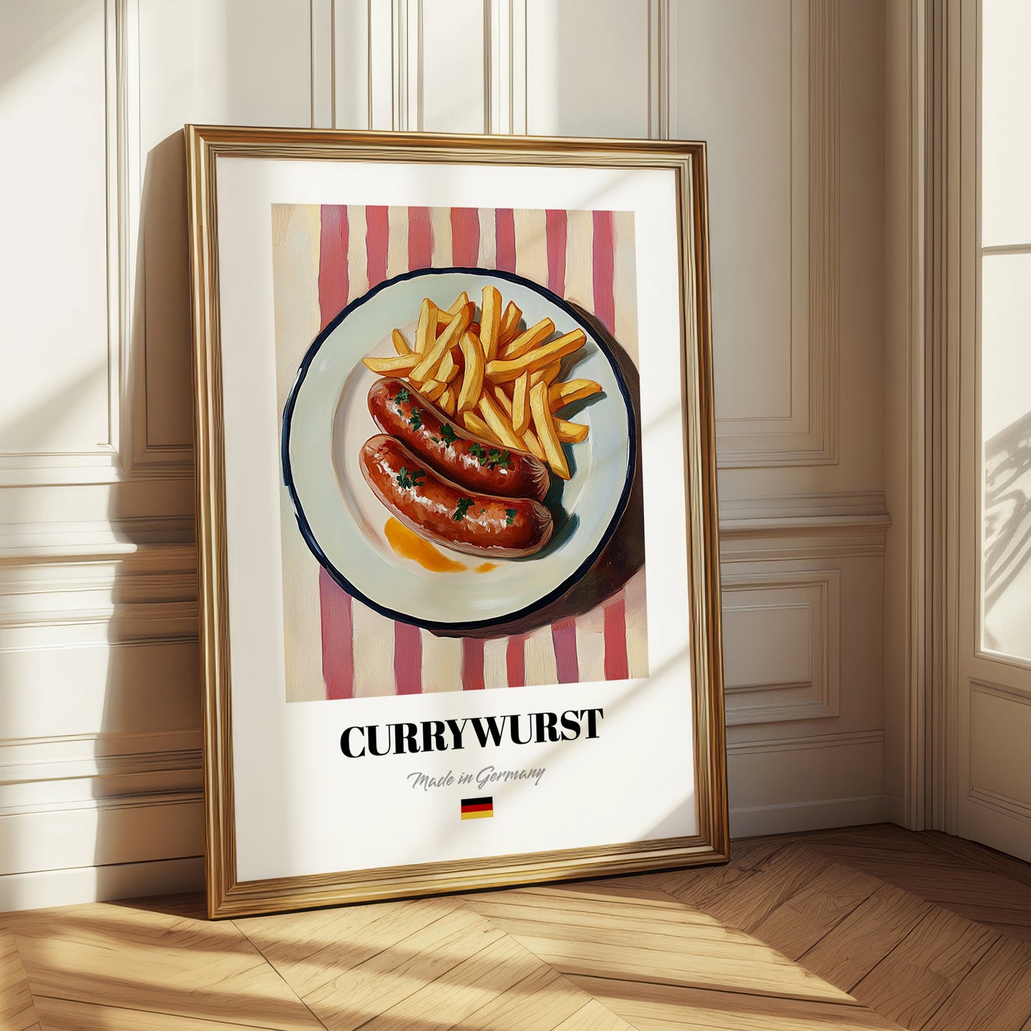 Currywurst – on Striped Tablecloth, German Food Print
