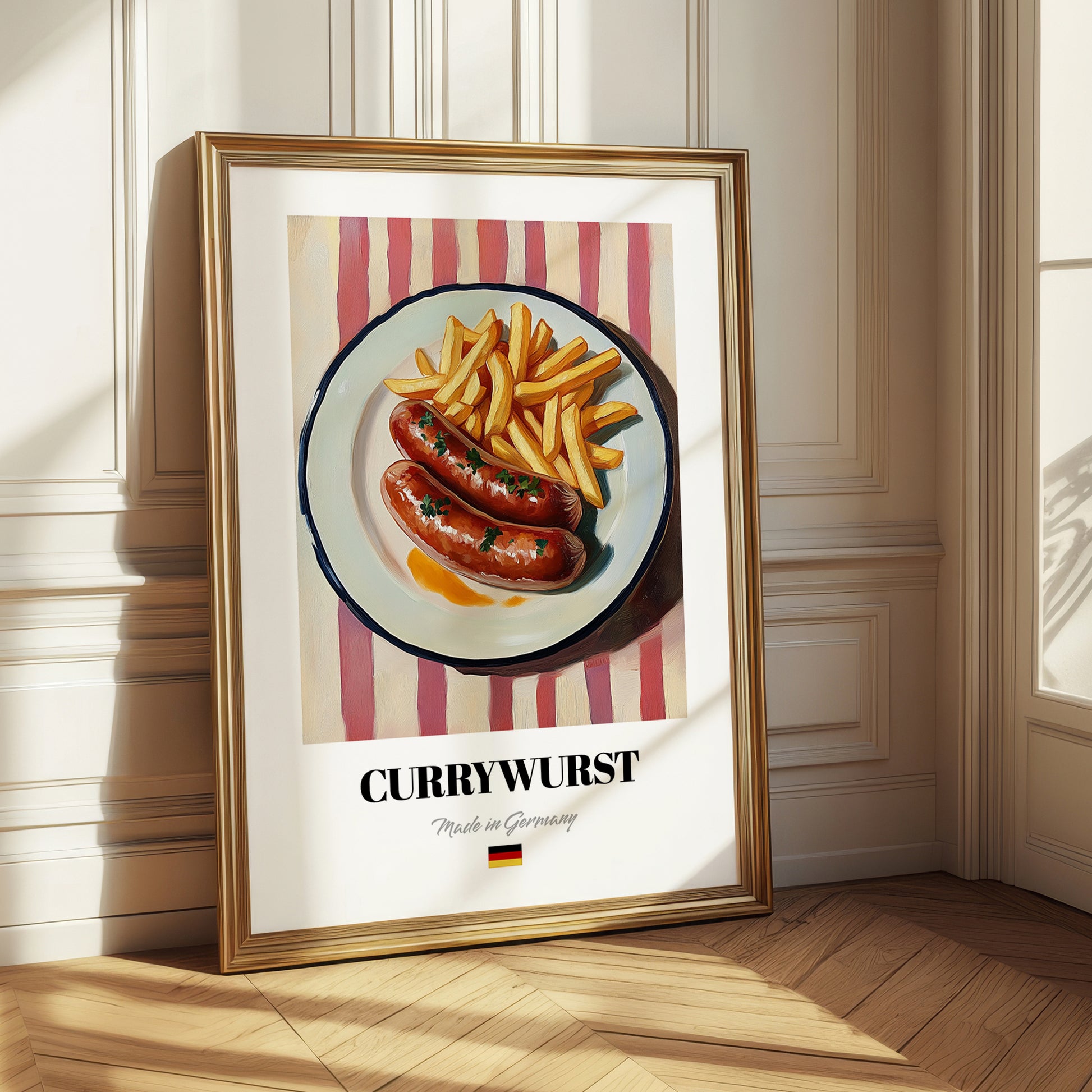 Currywurst – on Striped Tablecloth, German Food Print