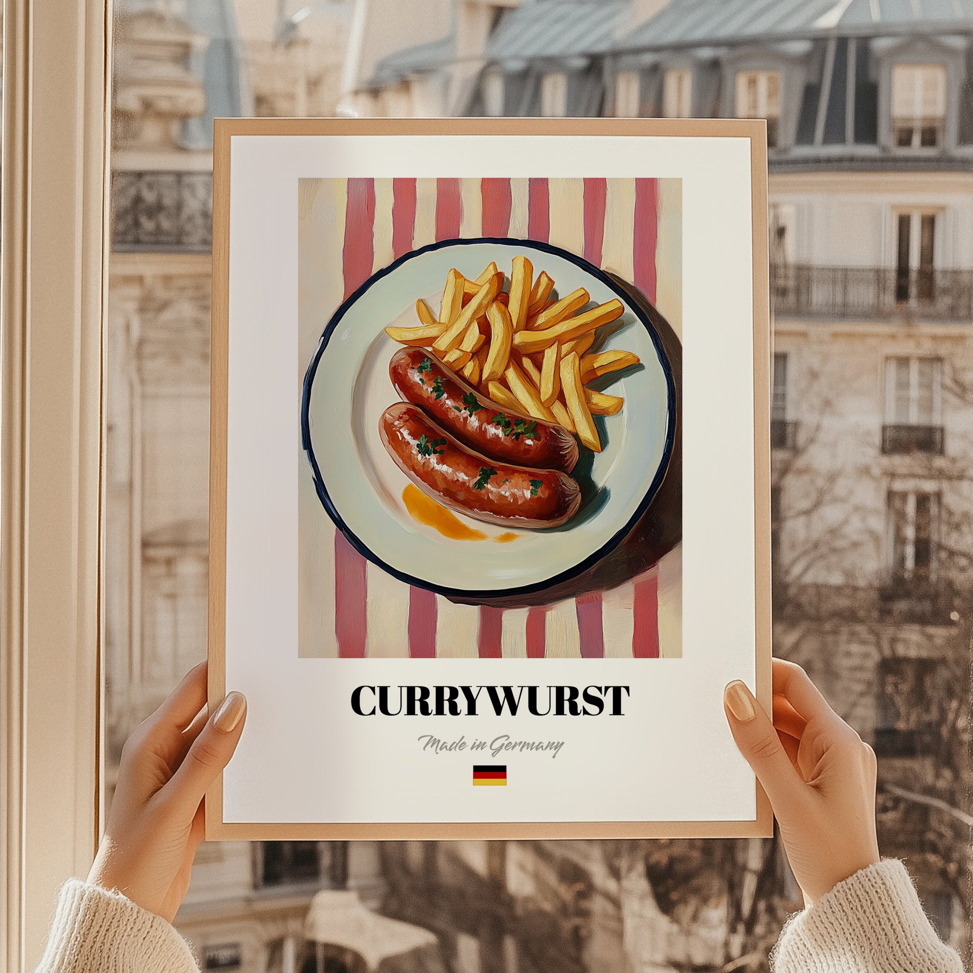 Currywurst – on Striped Tablecloth, German Food Print, styled in a charming Paris street view
