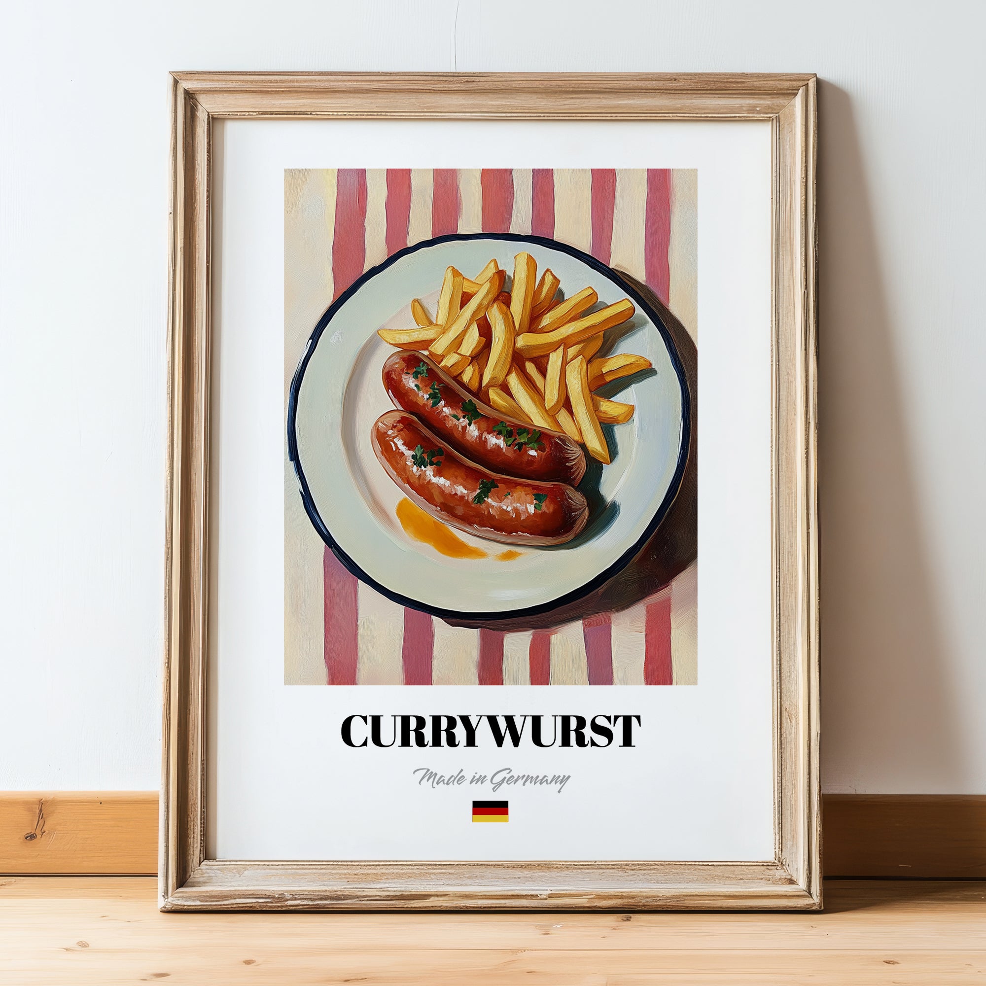 Currywurst – on Striped Tablecloth, German Food Print, in wooden frame leaning on the floor