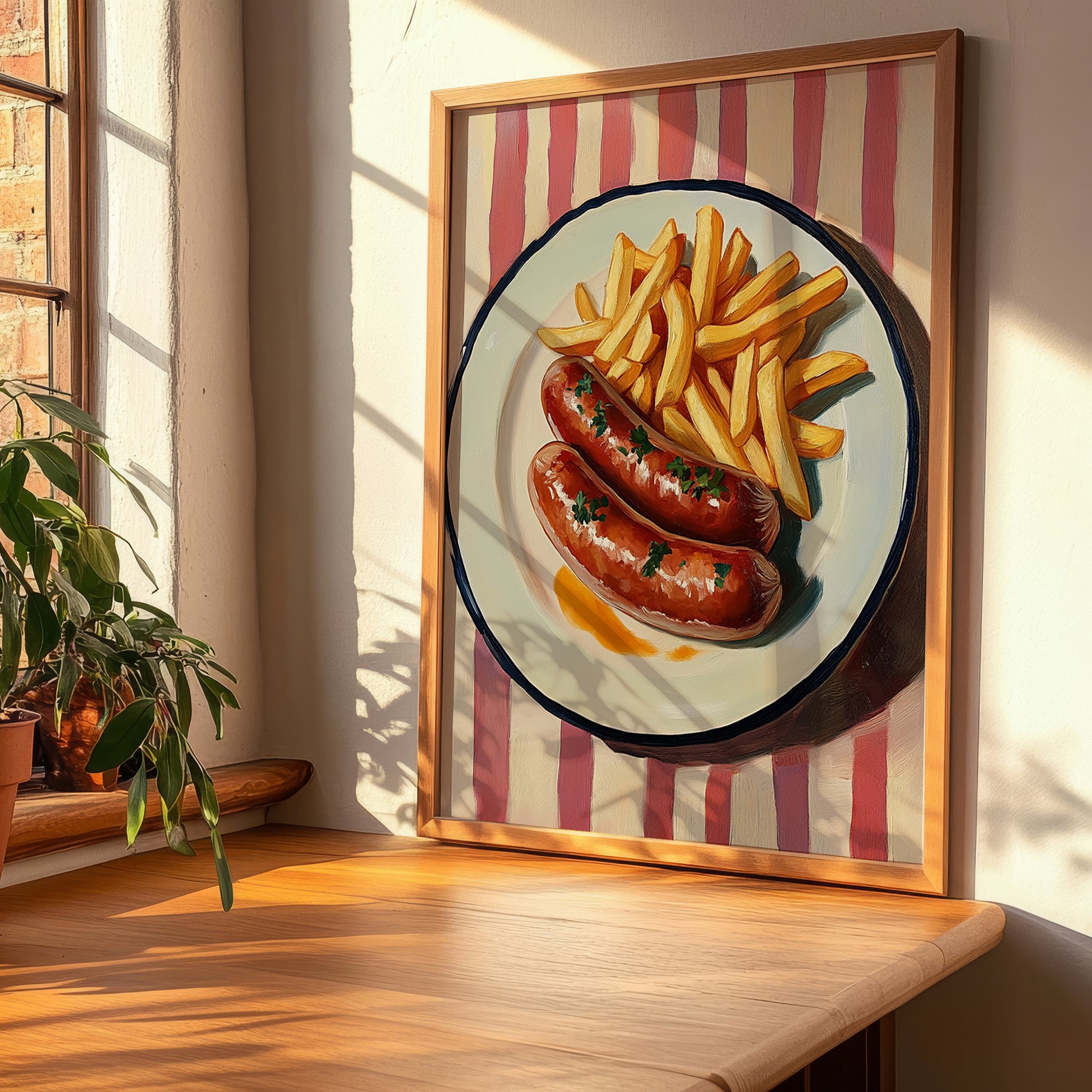 Currywurst – on Striped Tablecloth, German Food Print, clean layout with no caption