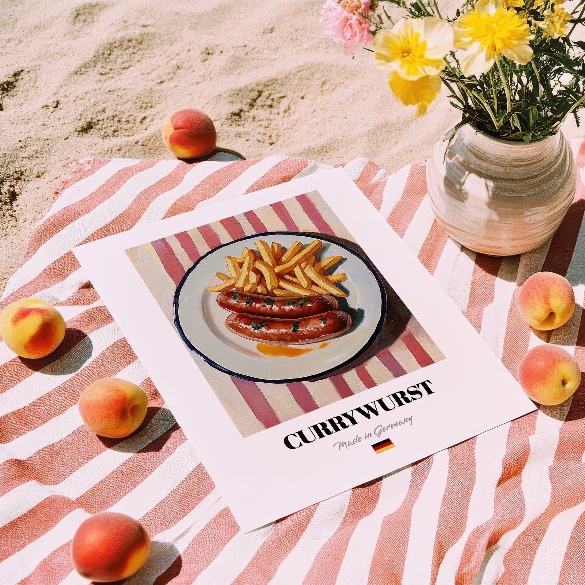 Currywurst – on Striped Tablecloth, German Food Print, unframed on coastal sand