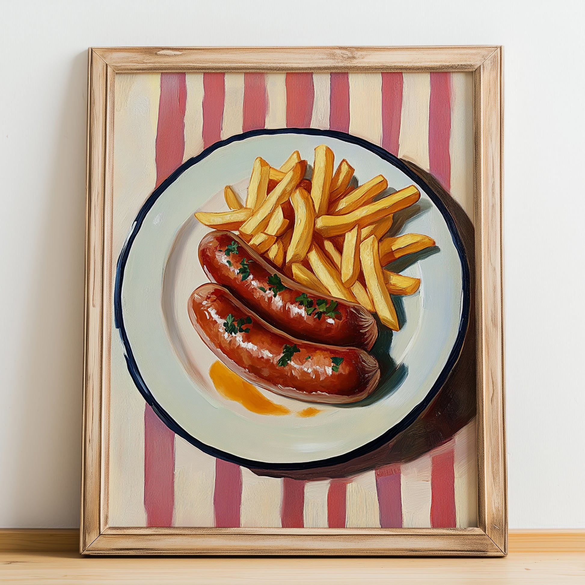 Currywurst – on Striped Tablecloth, German Food Print, no-text version framed in wood
