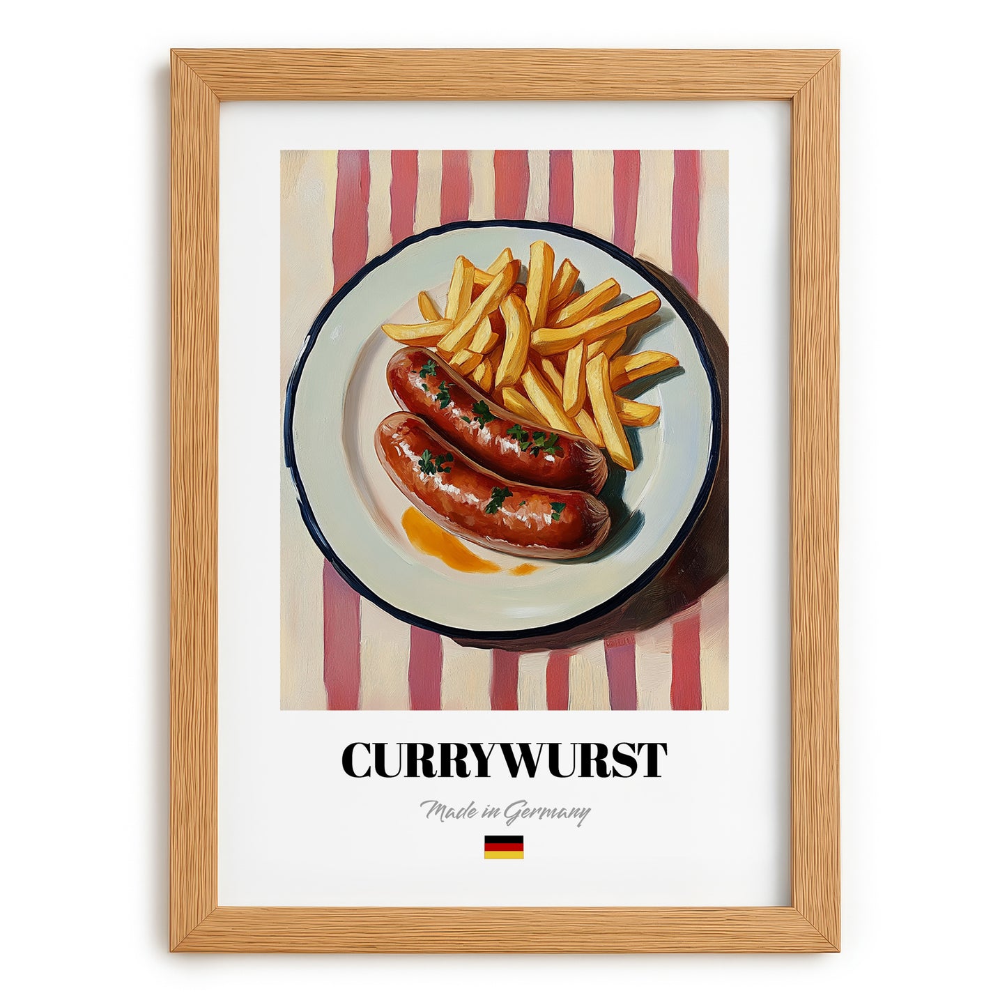 Currywurst – on Striped Tablecloth, German Food Print, set in oak frame