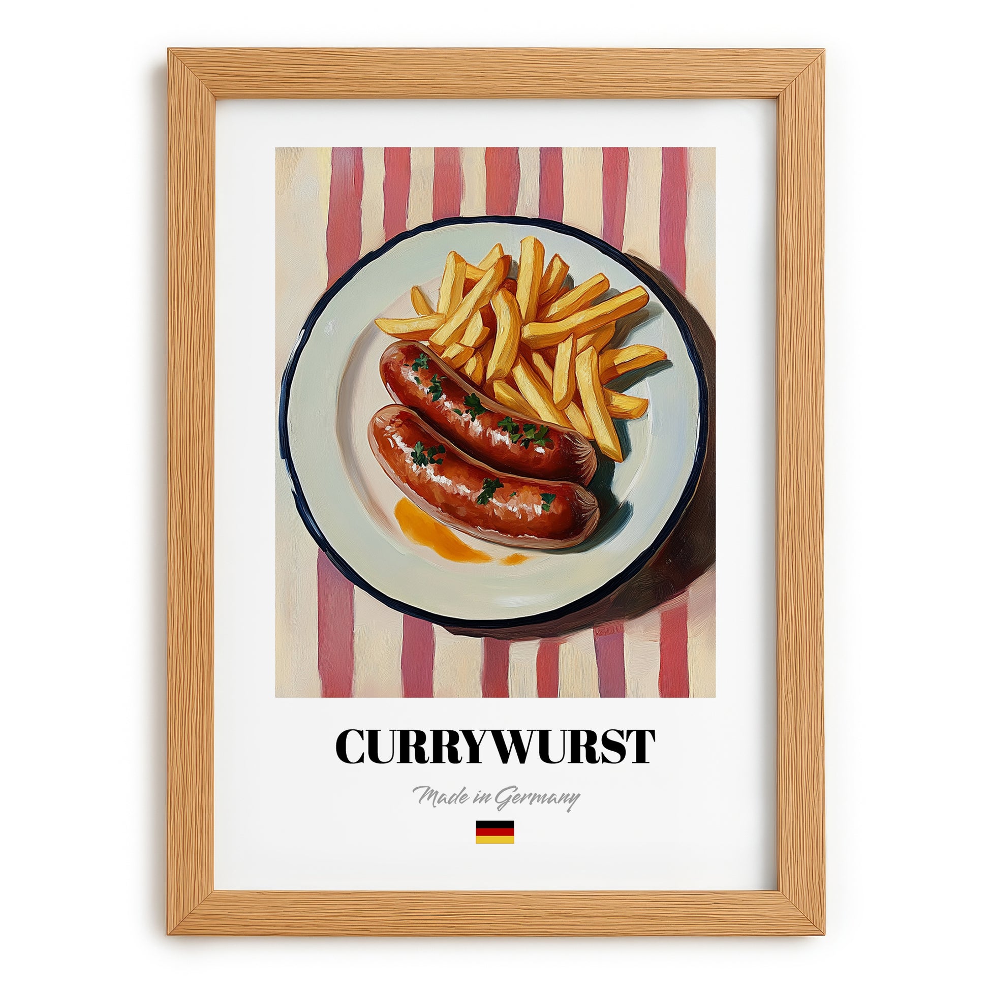Currywurst – on Striped Tablecloth, German Food Print, set in oak frame