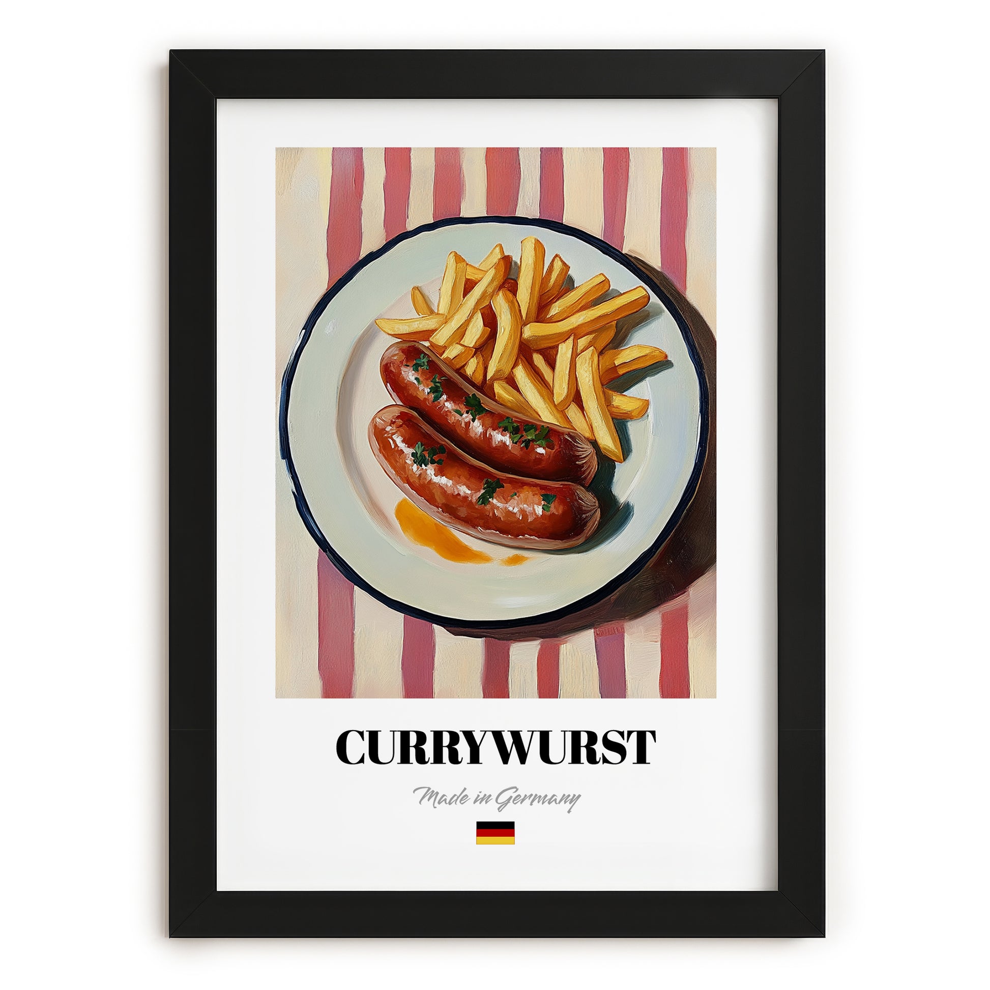 Currywurst – on Striped Tablecloth, German Food Print, in sleek black frame