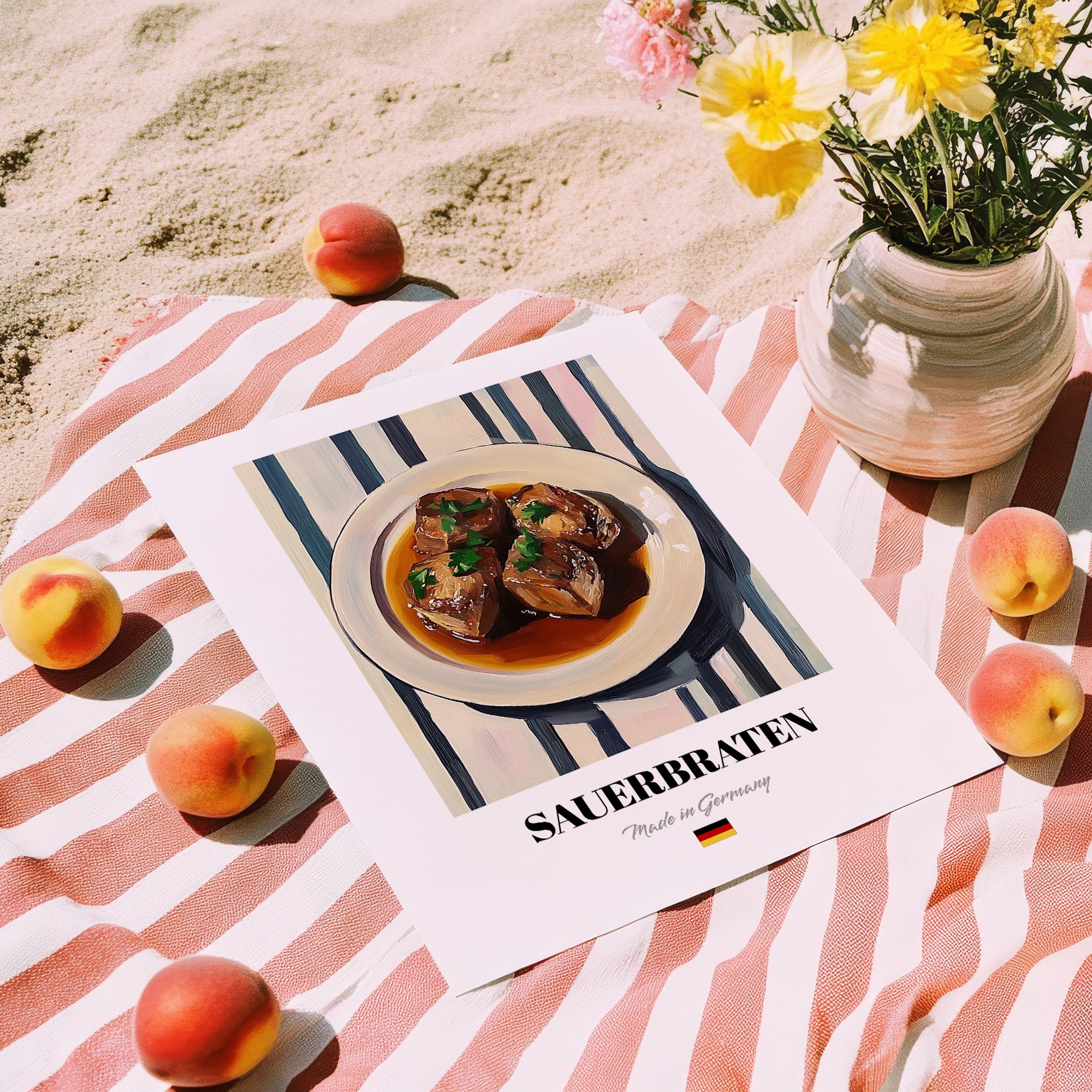 Sauerbraten – on Striped Tablecloth, German Food Art, unframed on coastal sand