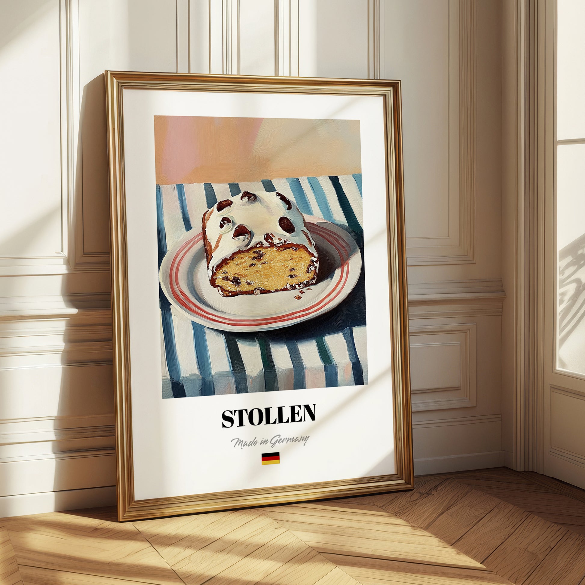 Stollen – on Striped Tablecloth, German Dessert Poster 