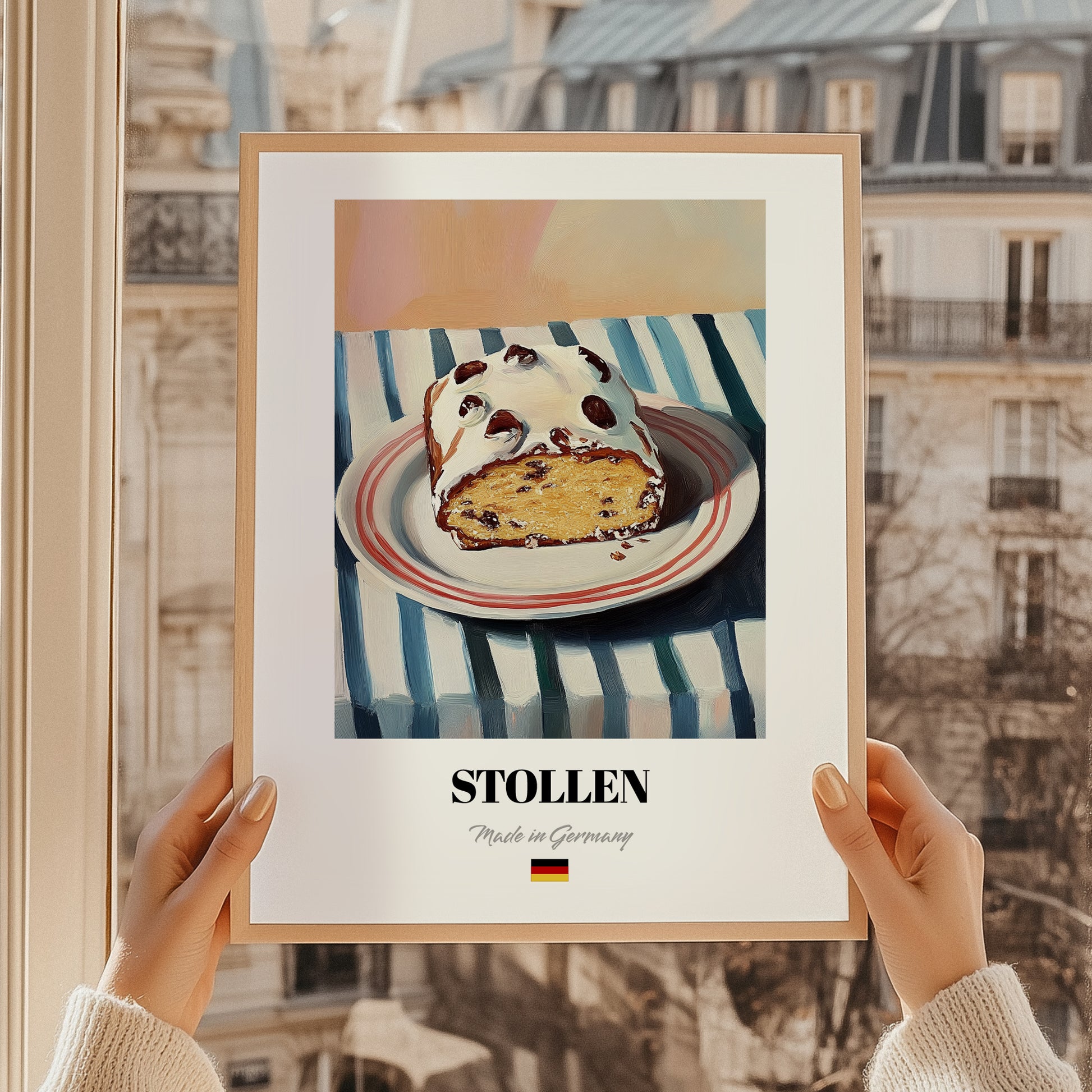 Stollen – on Striped Tablecloth, German Dessert Poster, styled in a charming Paris street view