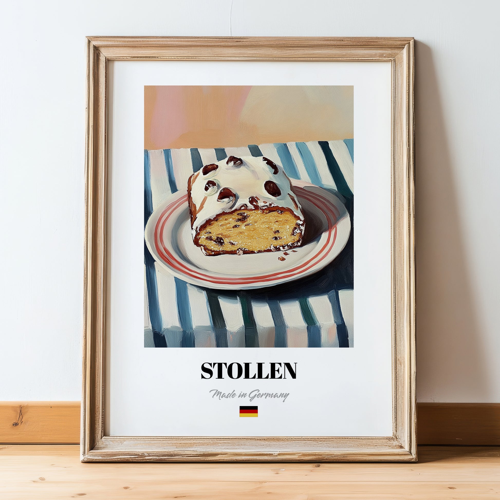 Stollen – on Striped Tablecloth, German Dessert Poster, in wooden frame leaning on the floor
