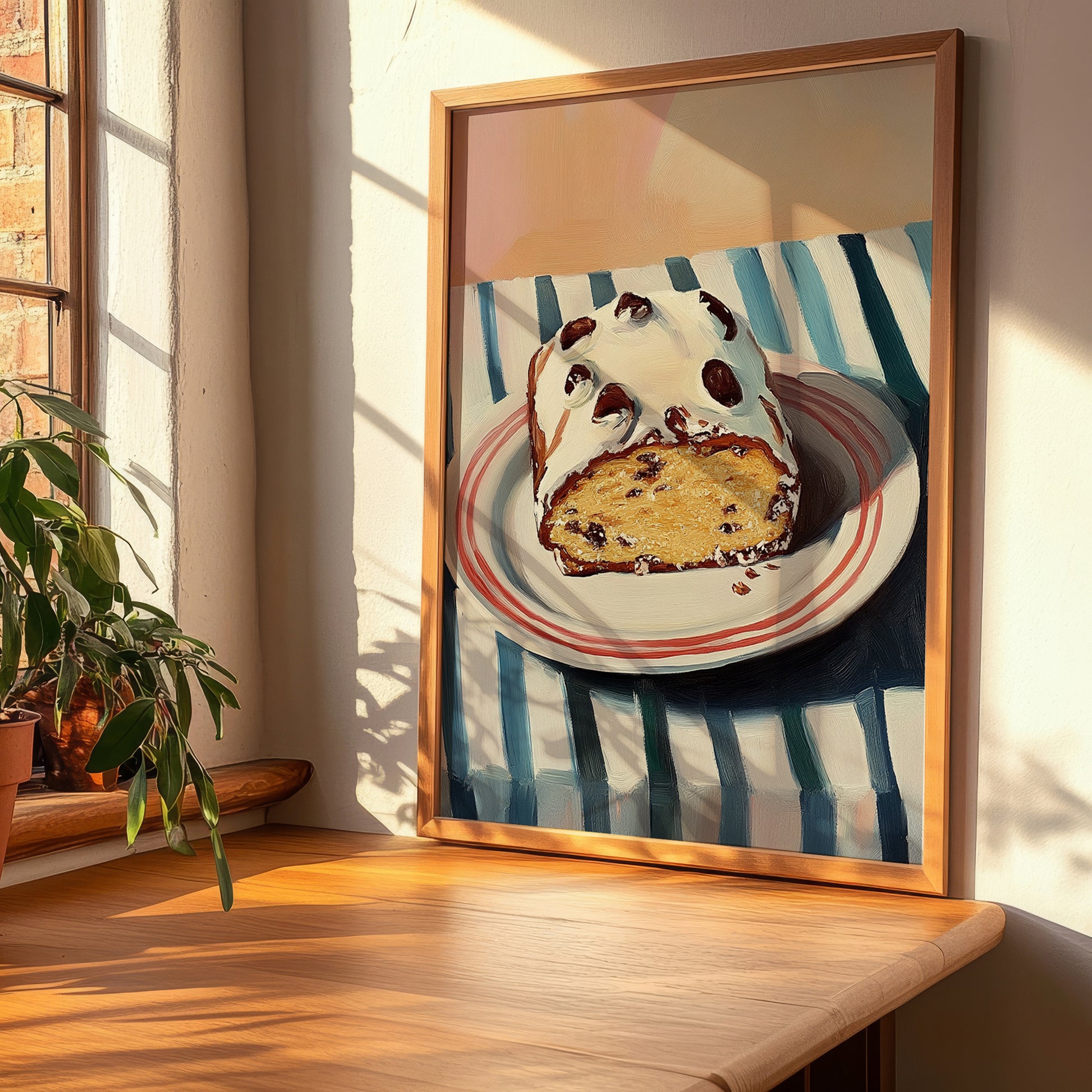 Stollen – on Striped Tablecloth, German Dessert Poster, clean layout with no caption