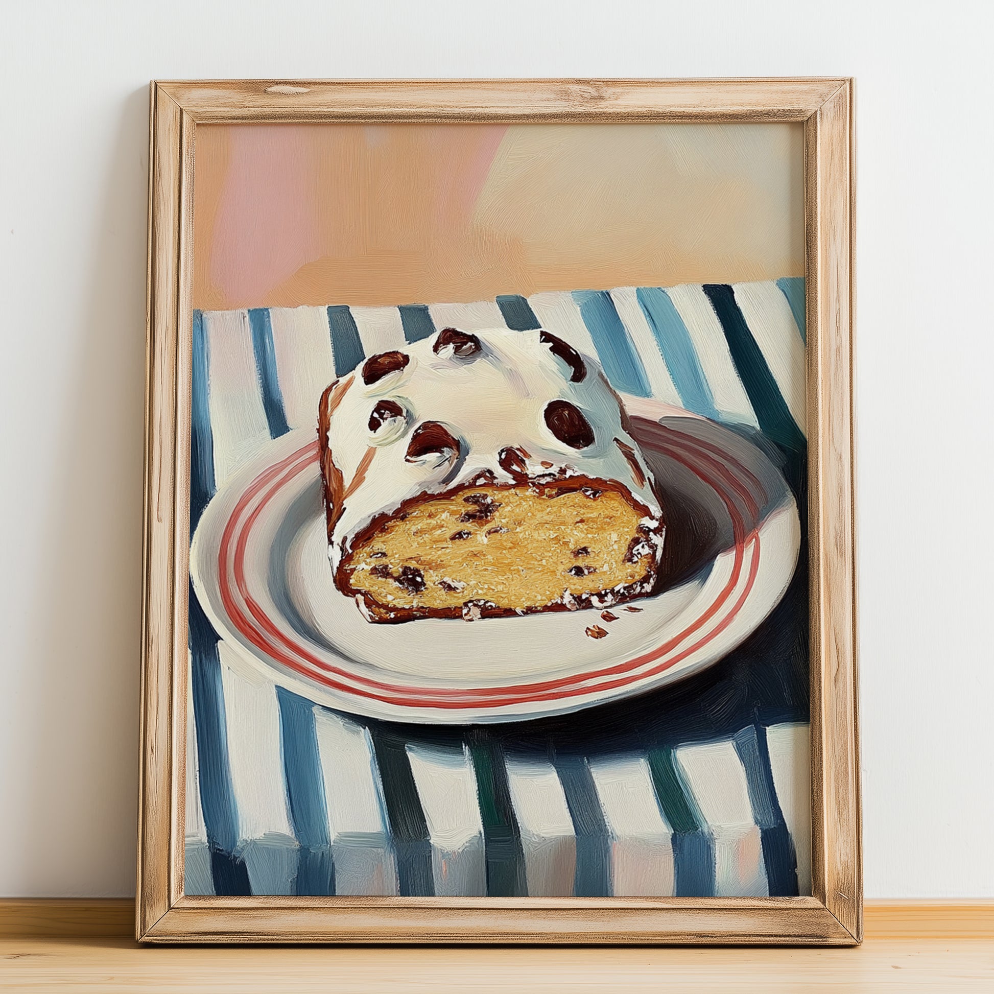 Stollen – on Striped Tablecloth, German Dessert Poster, no-text version framed in wood