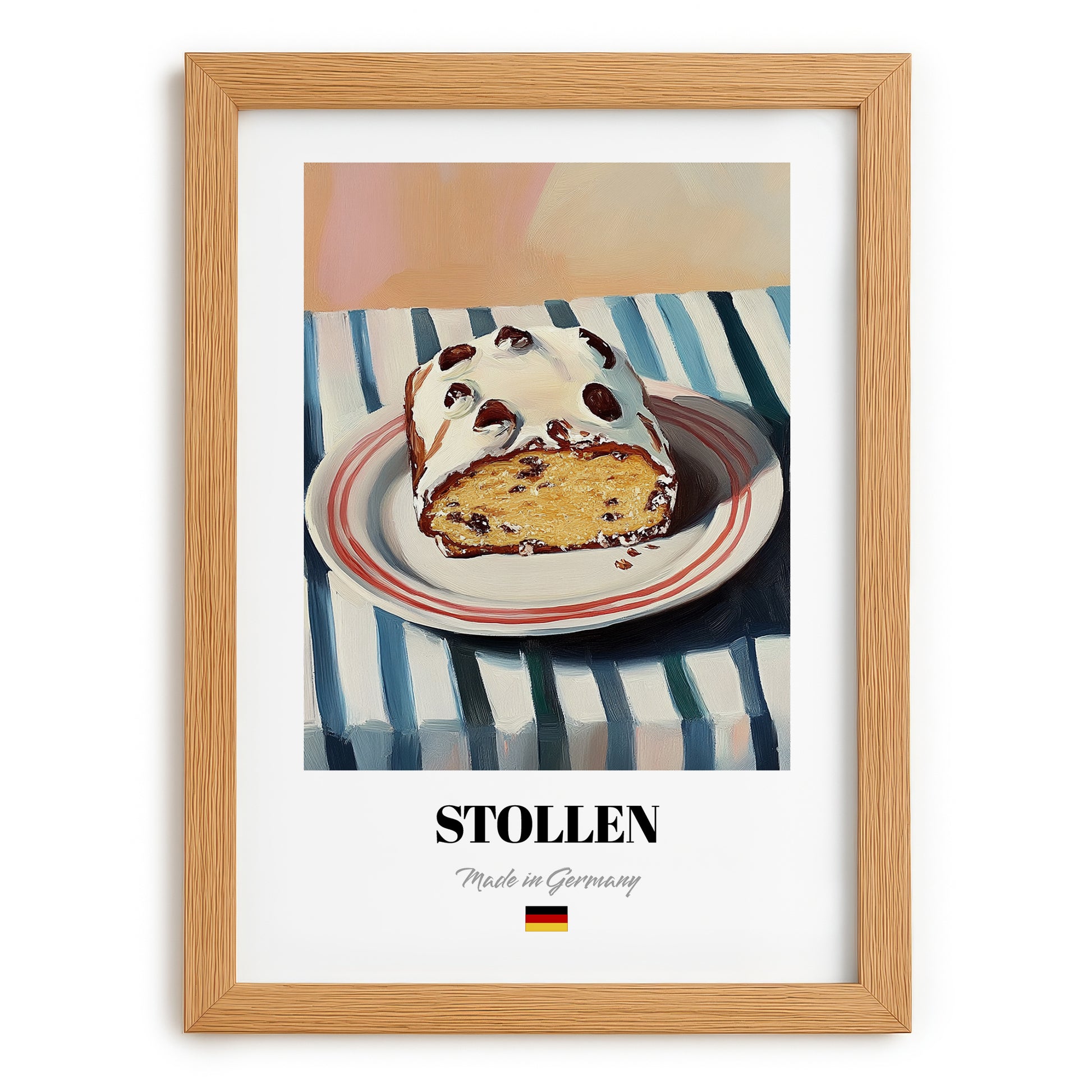 Stollen – on Striped Tablecloth, German Dessert Poster, set in oak frame