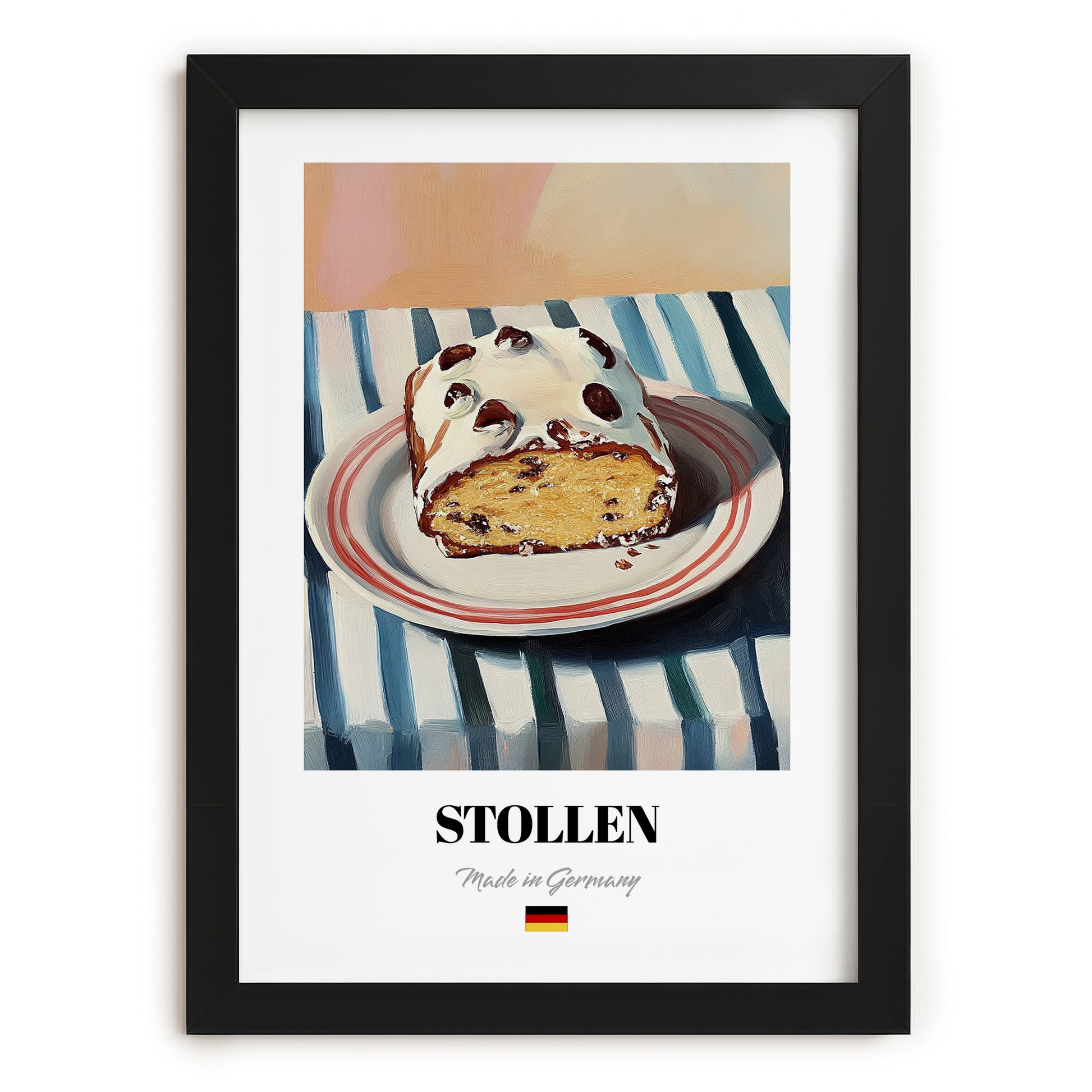 Stollen – on Striped Tablecloth, German Dessert Poster, in sleek black frame