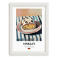 Stollen – on Striped Tablecloth, German Dessert Poster, placed in minimal white frame