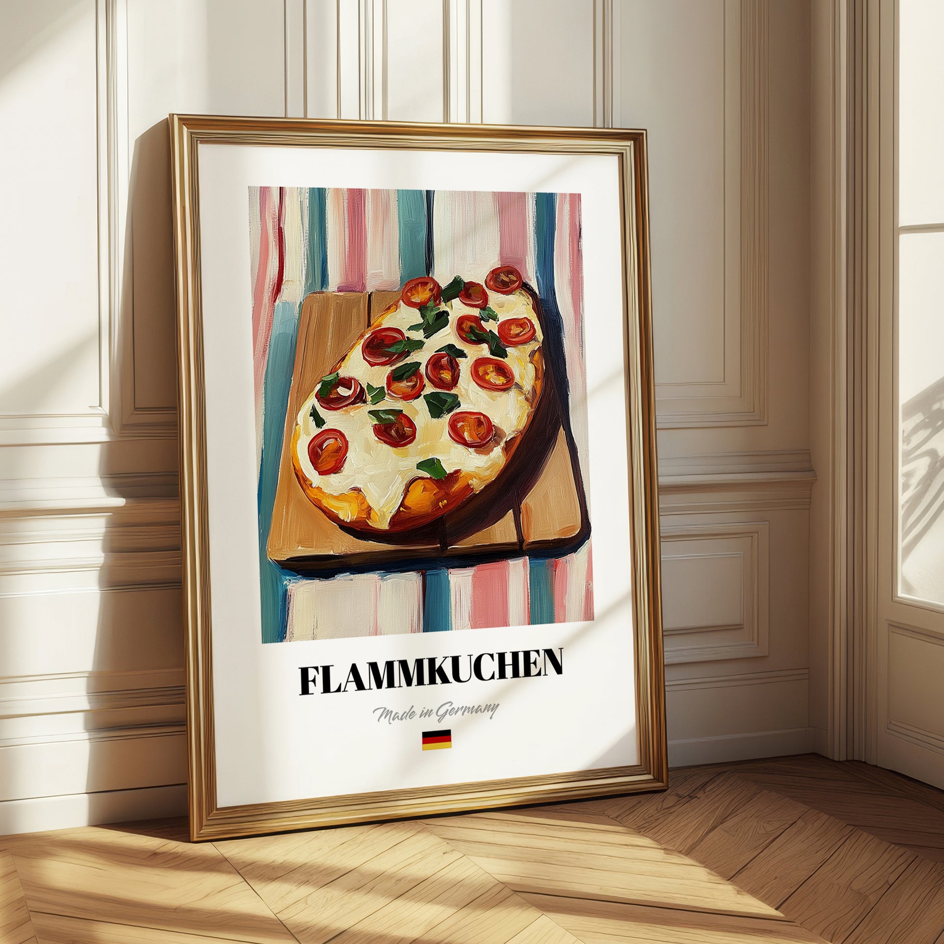 Flammkuchen – on Striped Tablecloth, German Food Painting