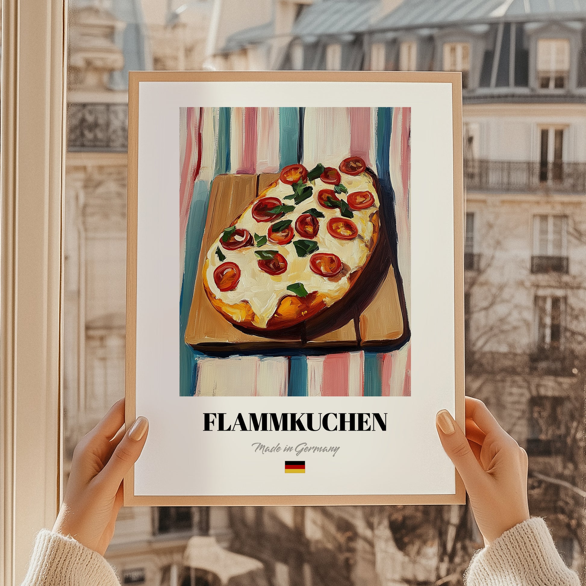 Flammkuchen – on Striped Tablecloth, German Food Painting, styled in a charming Paris street view