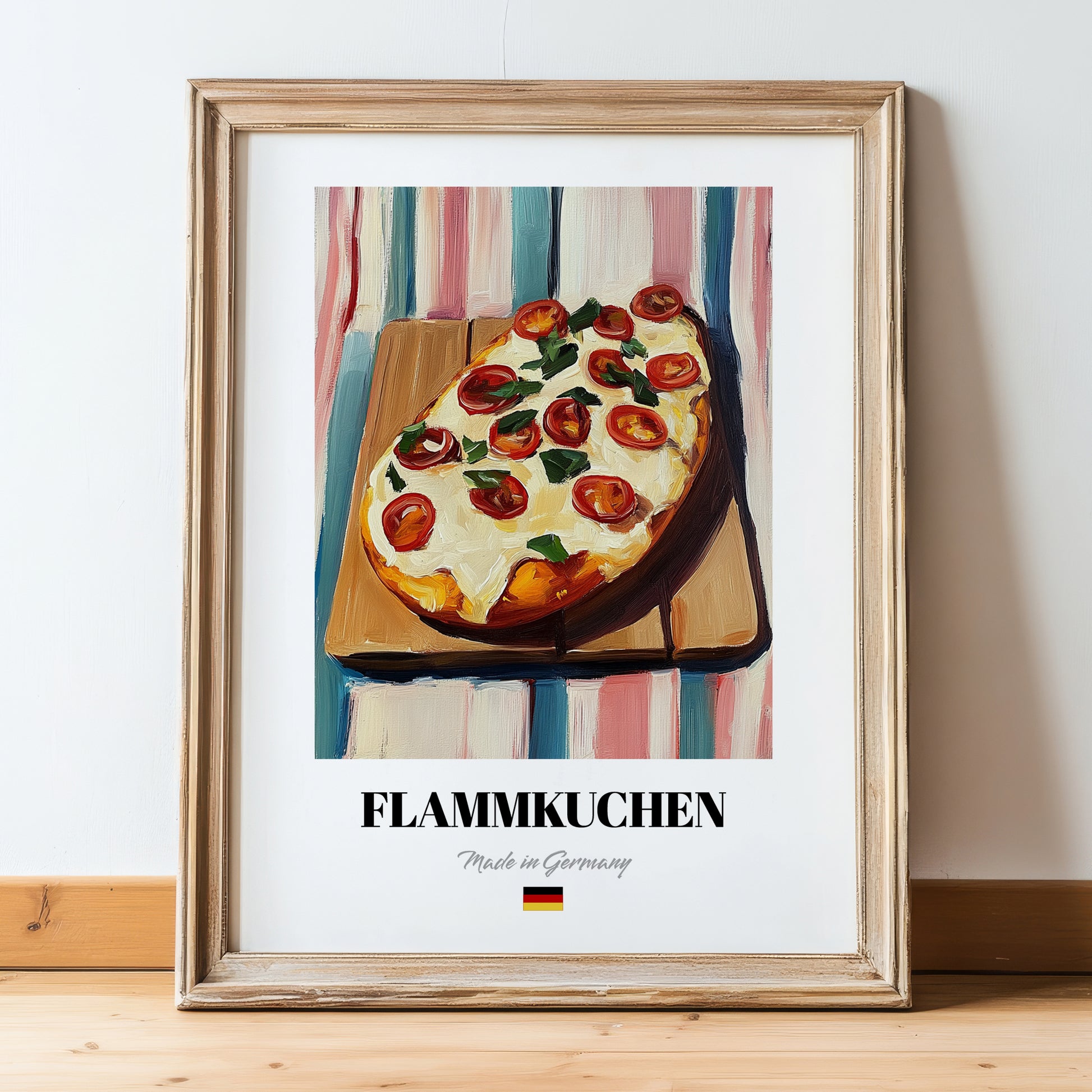 Flammkuchen – on Striped Tablecloth, German Food Painting, in wooden frame leaning on the floor