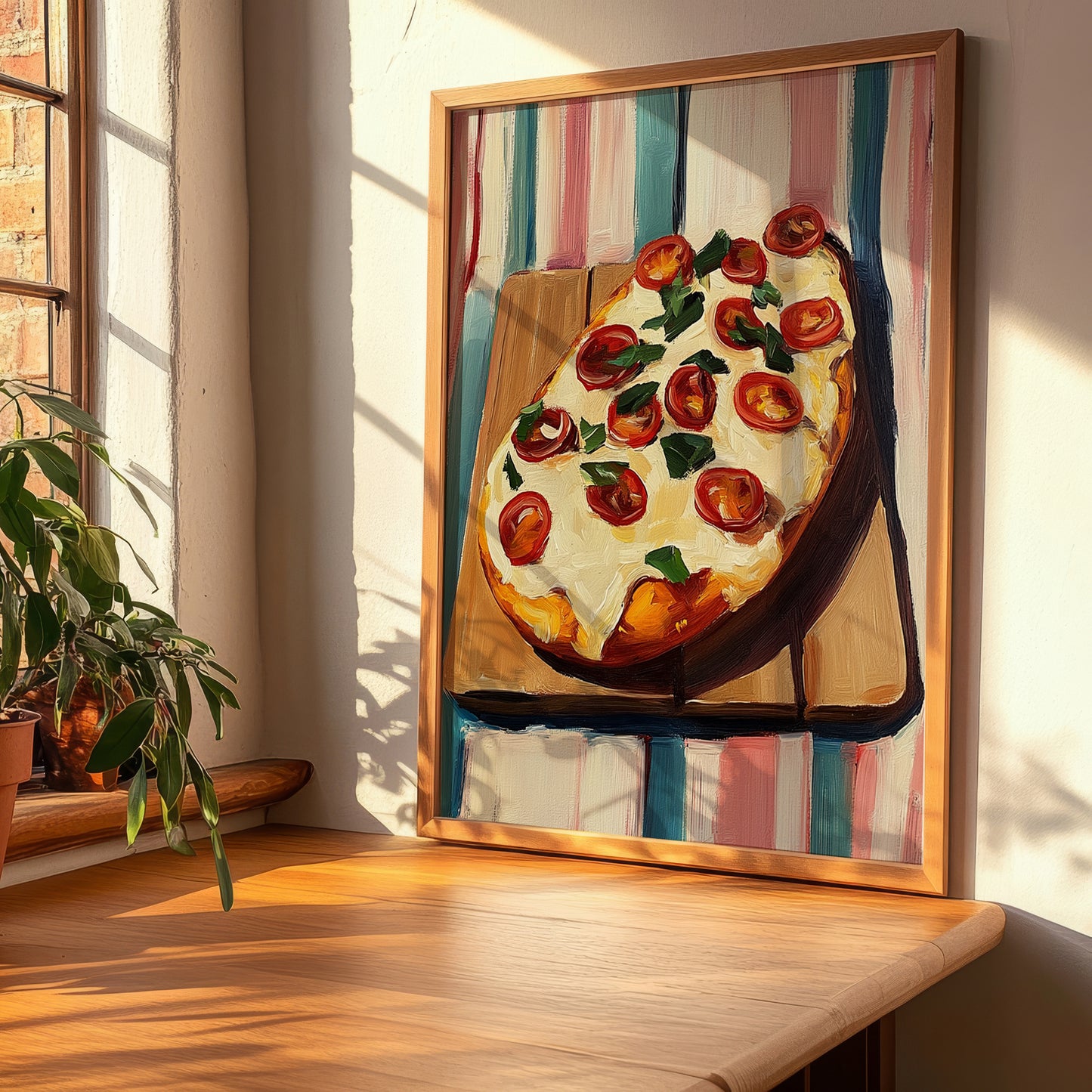 Flammkuchen – on Striped Tablecloth, German Food Painting, clean layout with no caption