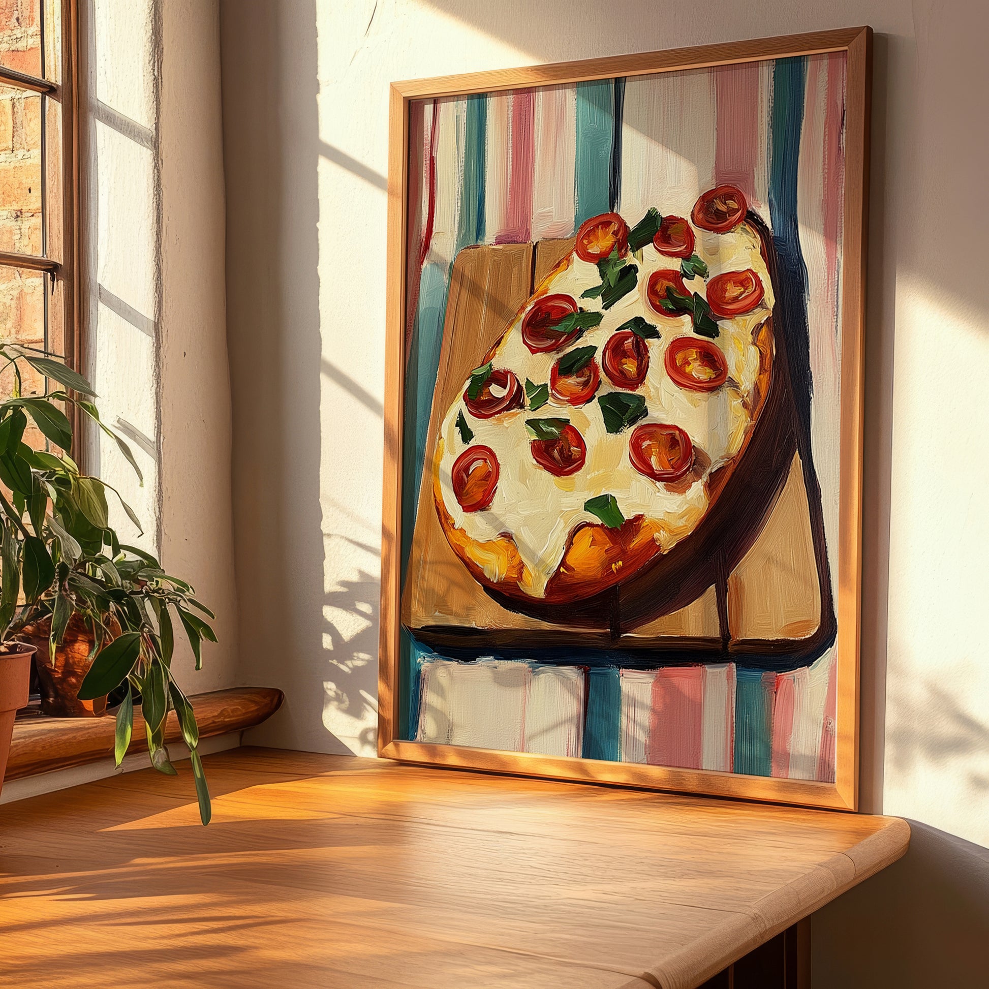 Flammkuchen – on Striped Tablecloth, German Food Painting, clean layout with no caption