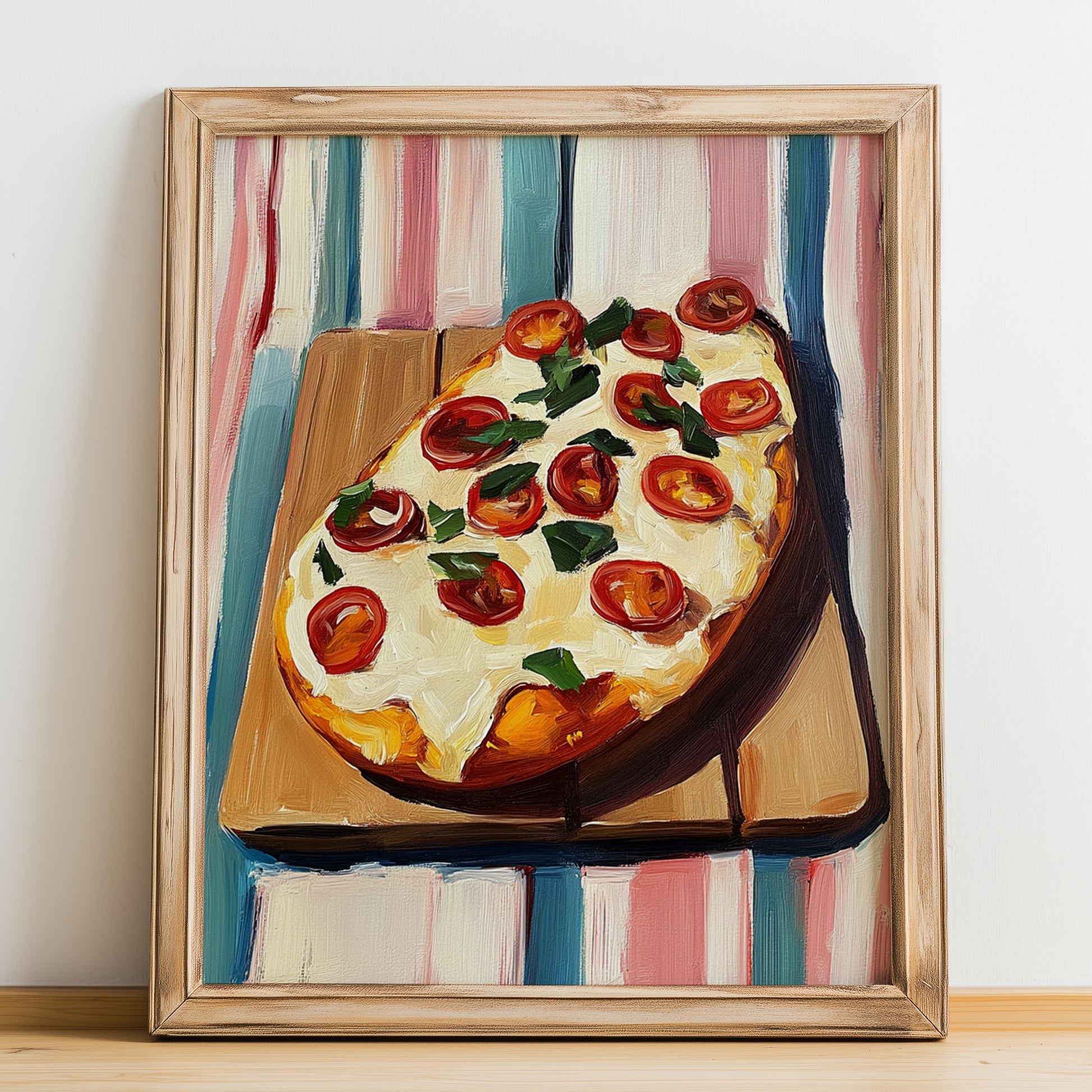 Flammkuchen – on Striped Tablecloth, German Food Painting, no-text version framed in wood