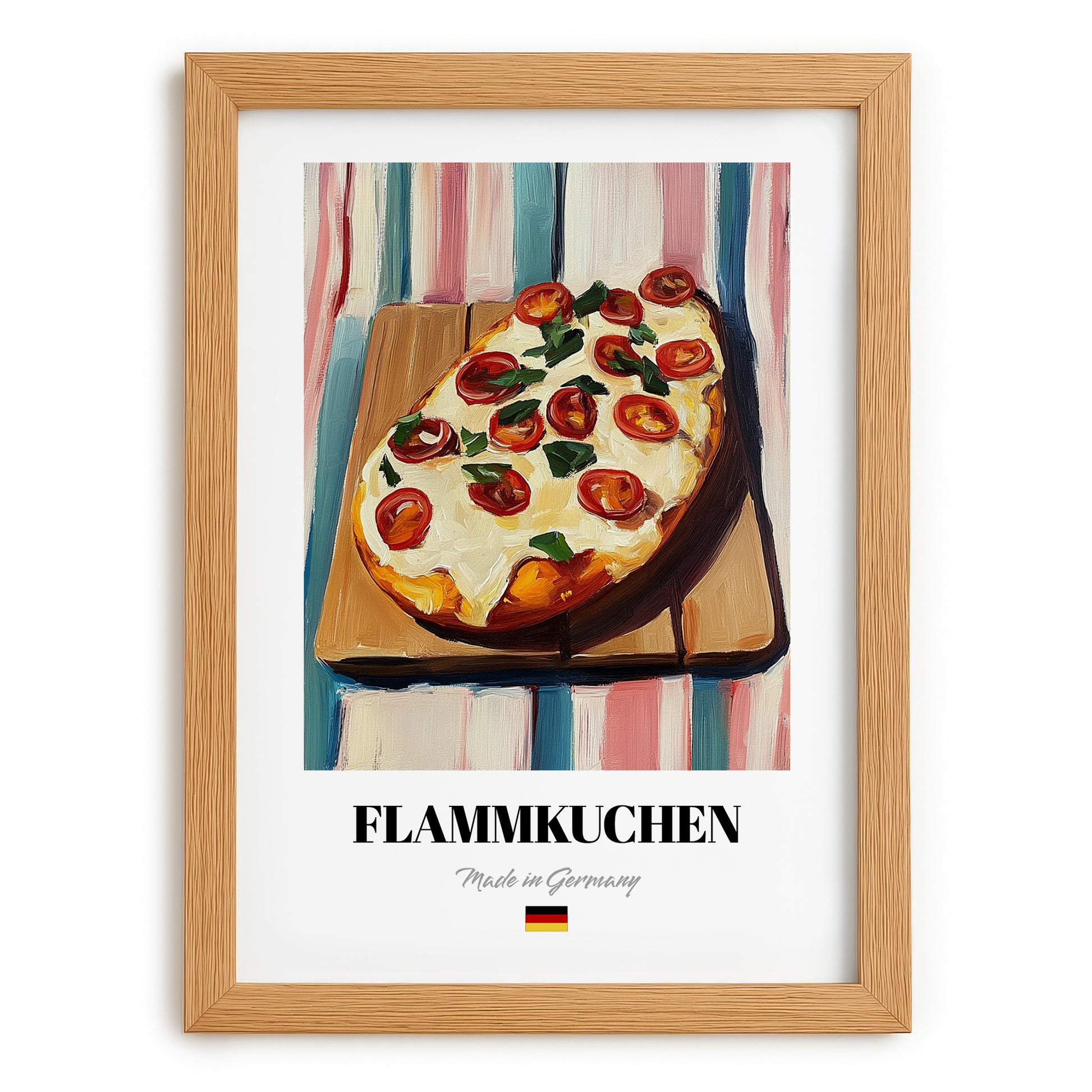 Flammkuchen – on Striped Tablecloth, German Food Painting, set in oak frame