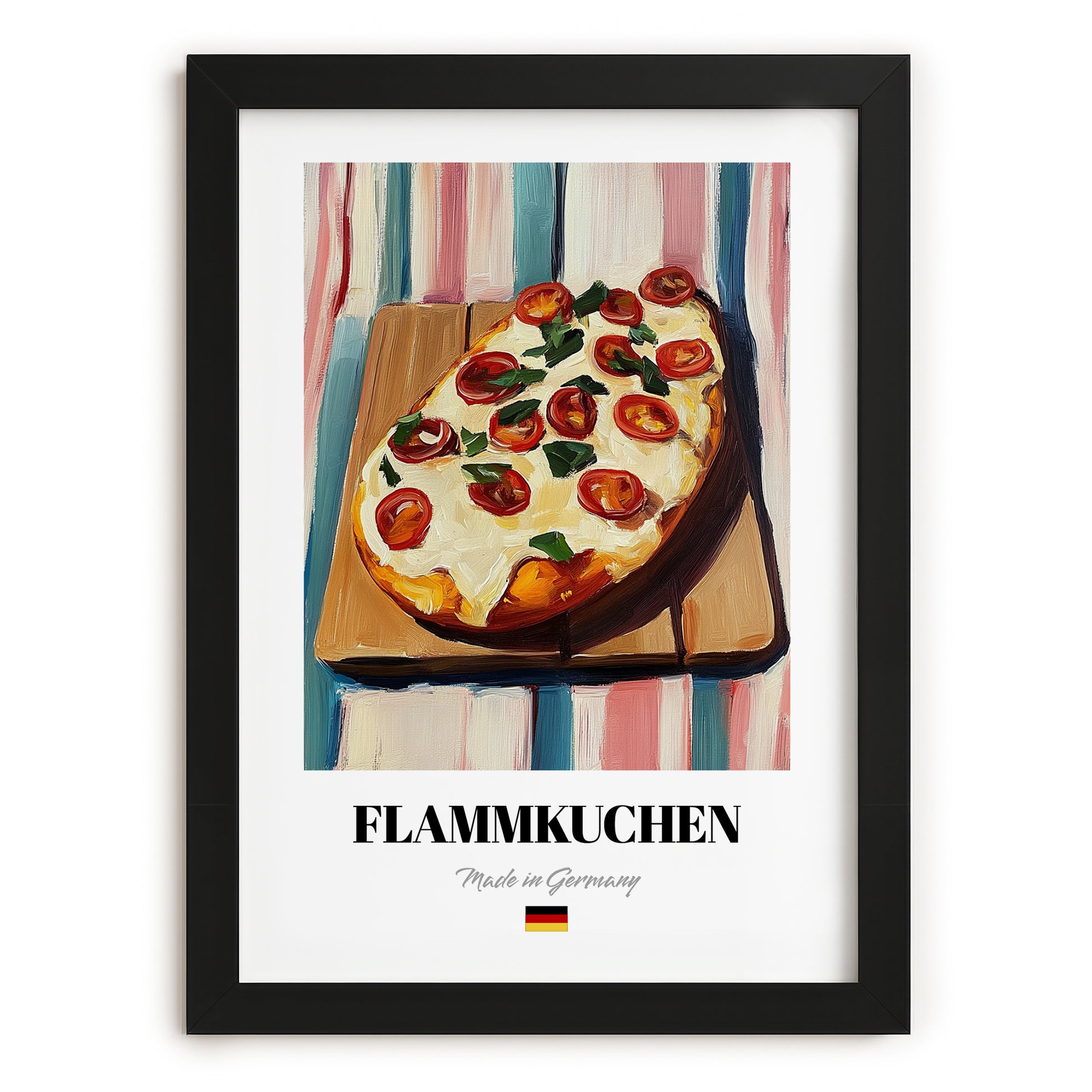 Flammkuchen – on Striped Tablecloth, German Food Painting, in sleek black frame