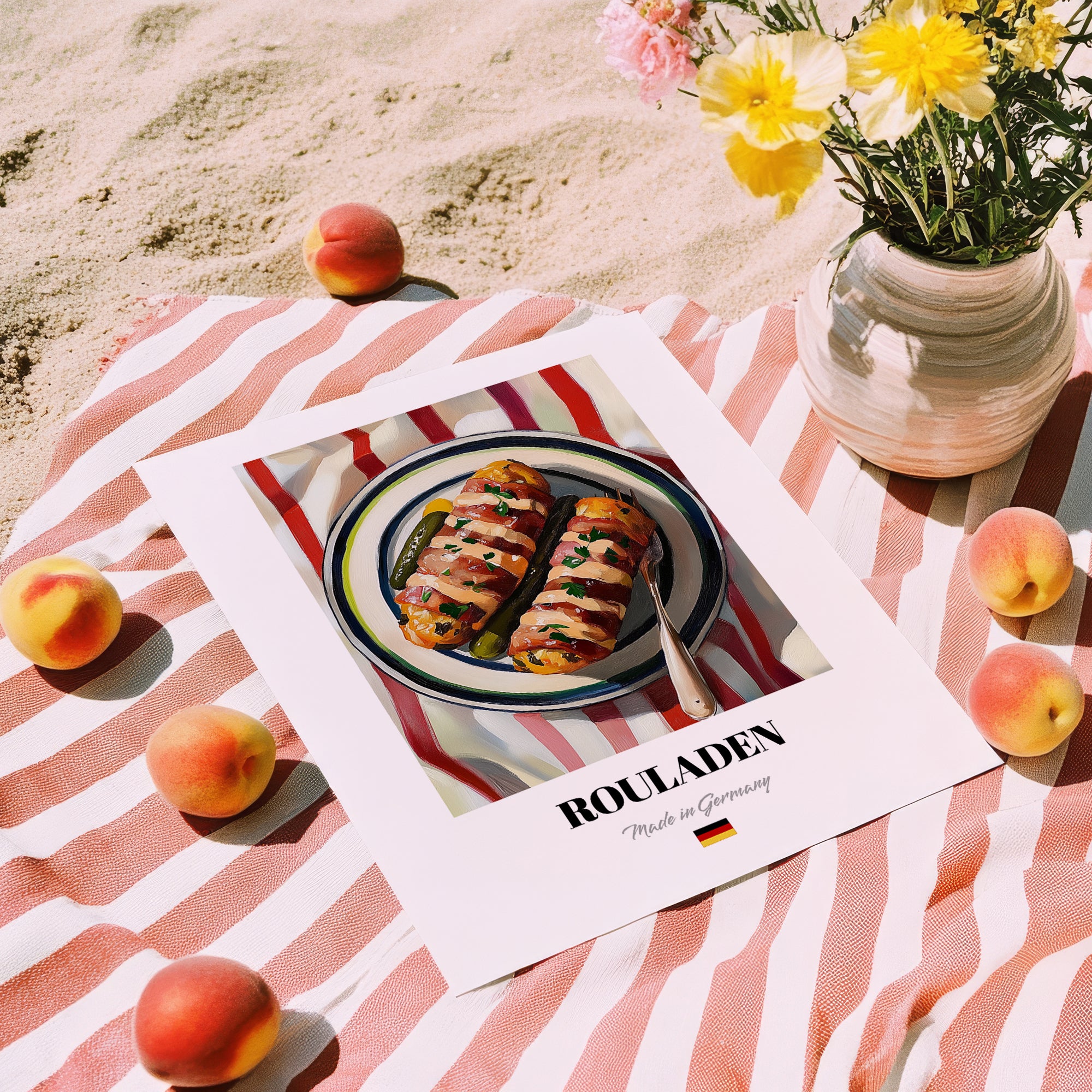 Rouladen – on Striped Tablecloth, German Food Print, unframed on coastal sand