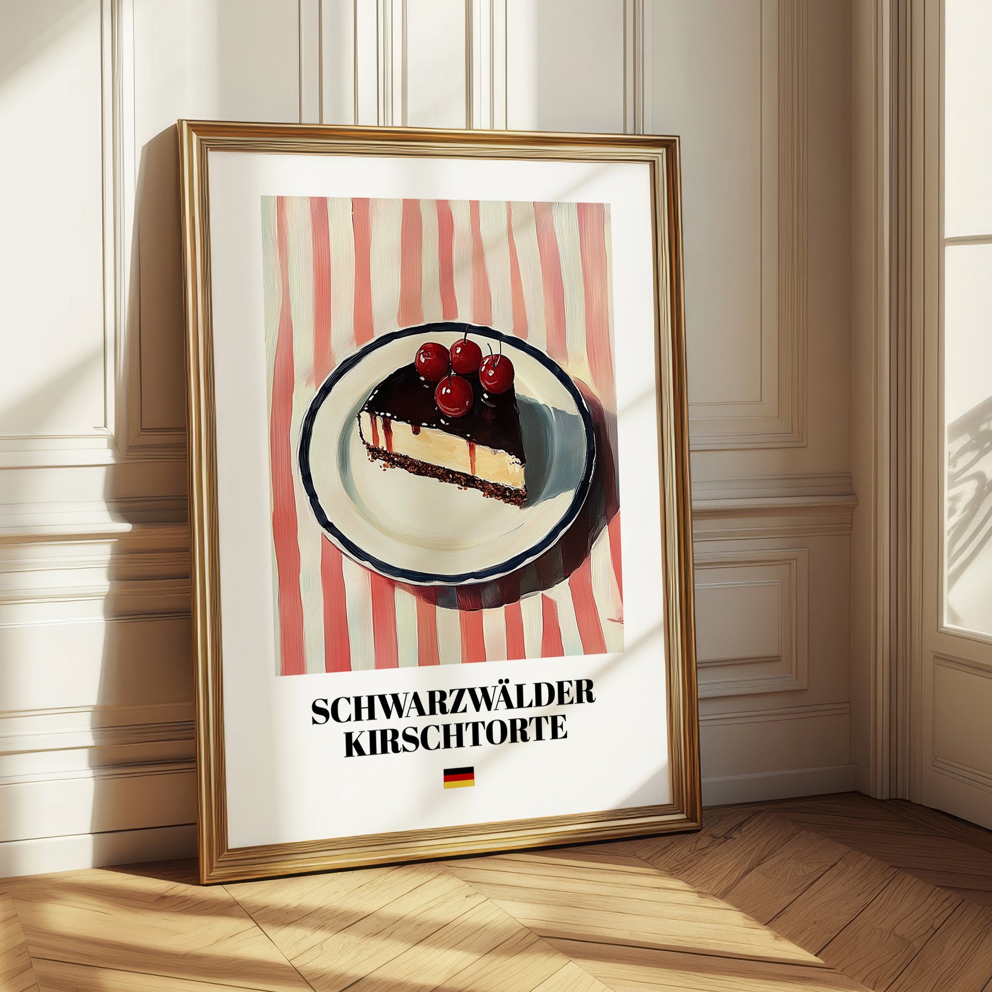 Schwarzwälder Kirschtorte – on Striped Tablecloth, German Dessert Art 