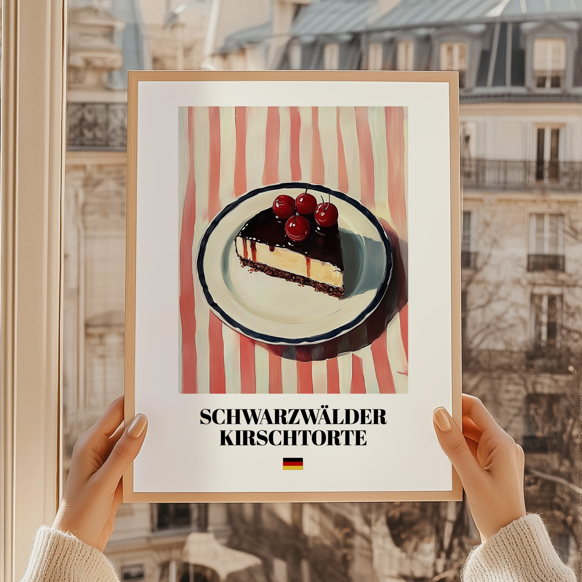 Schwarzwälder Kirschtorte – on Striped Tablecloth, German Dessert Art, styled in a charming Paris street view
