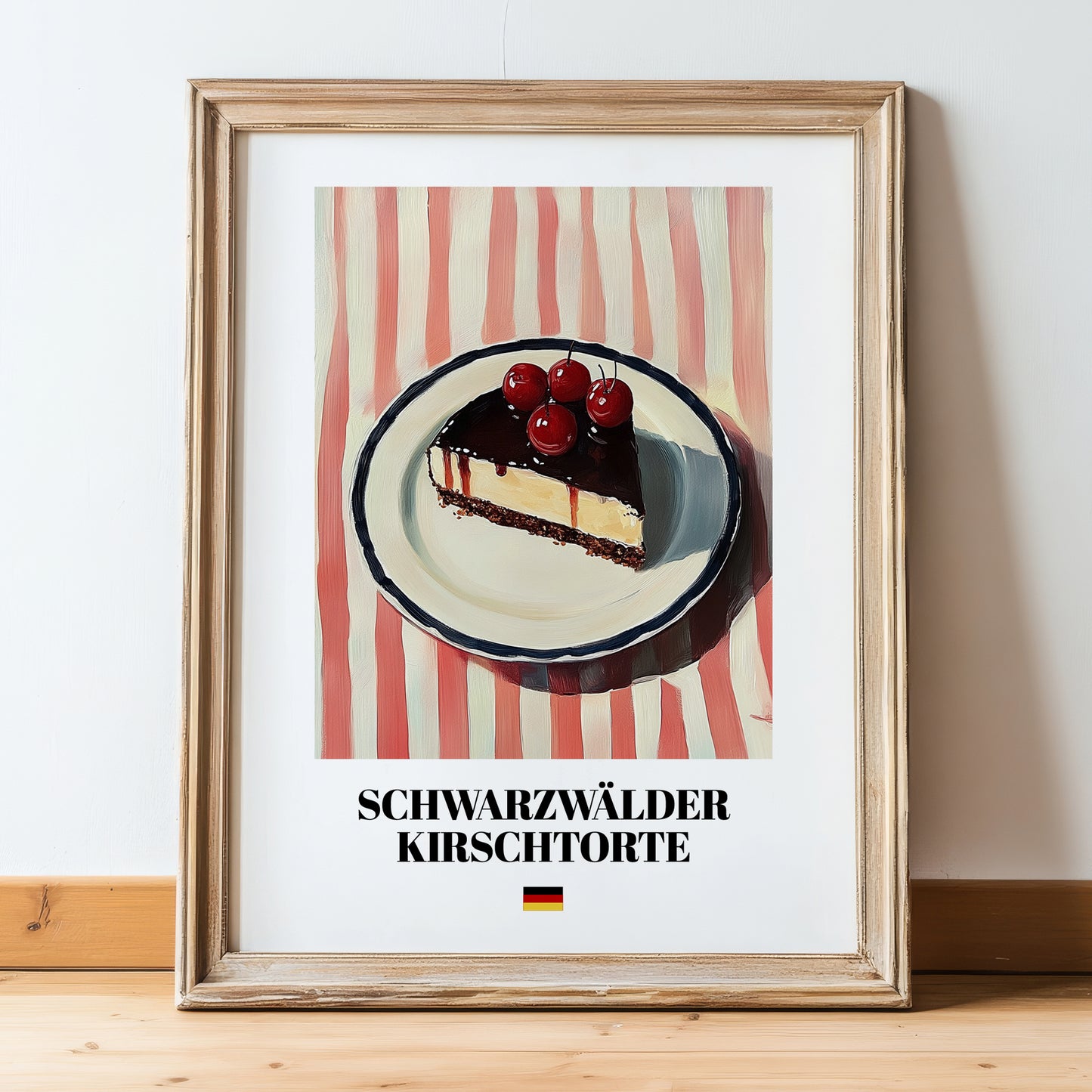 Schwarzwälder Kirschtorte – on Striped Tablecloth, German Dessert Art, in wooden frame leaning on the floor