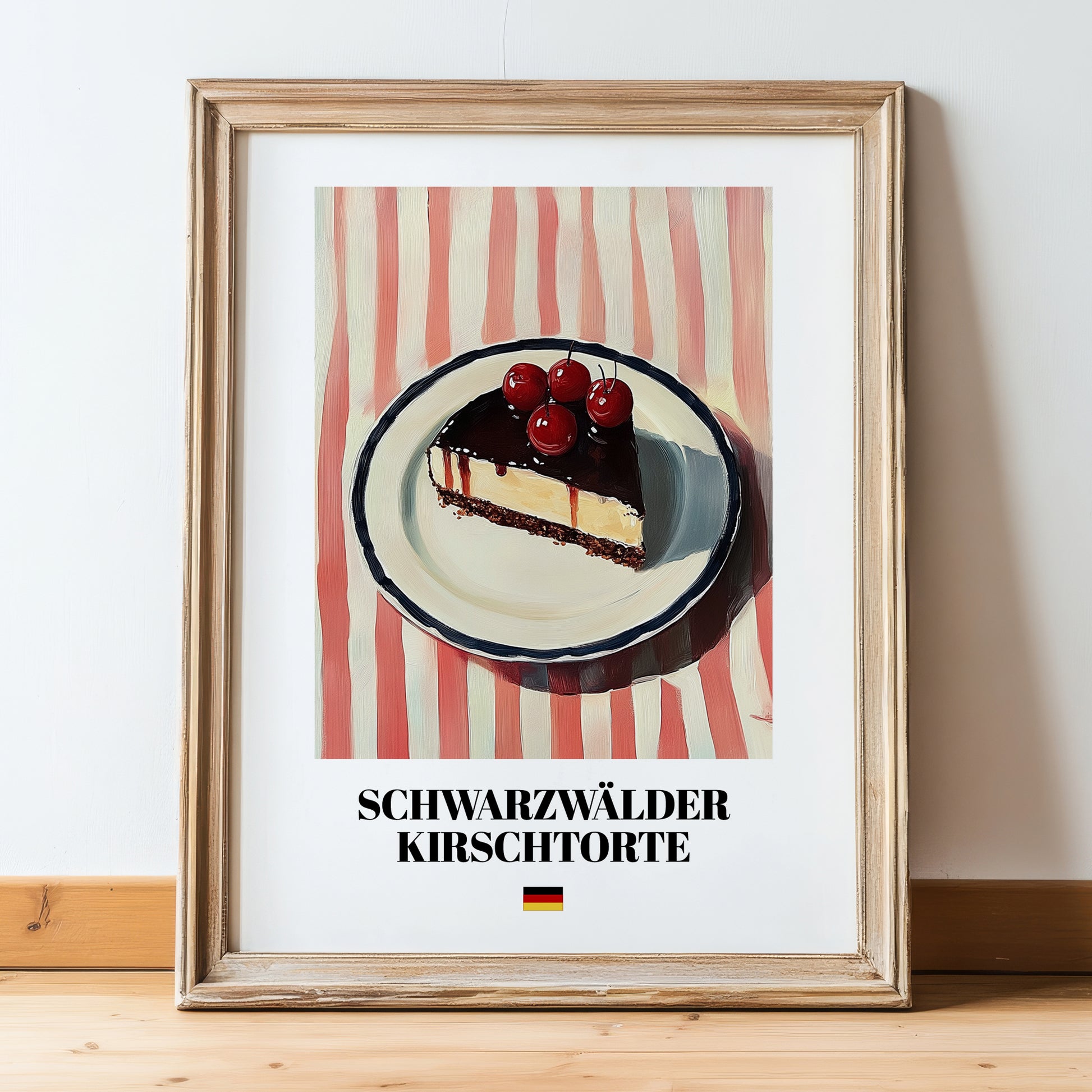 Schwarzwälder Kirschtorte – on Striped Tablecloth, German Dessert Art, in wooden frame leaning on the floor