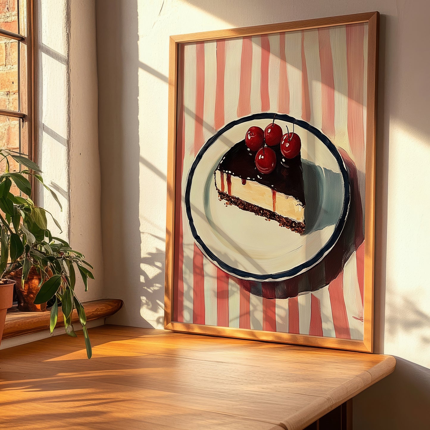 Schwarzwälder Kirschtorte – on Striped Tablecloth, German Dessert Art, clean layout with no caption