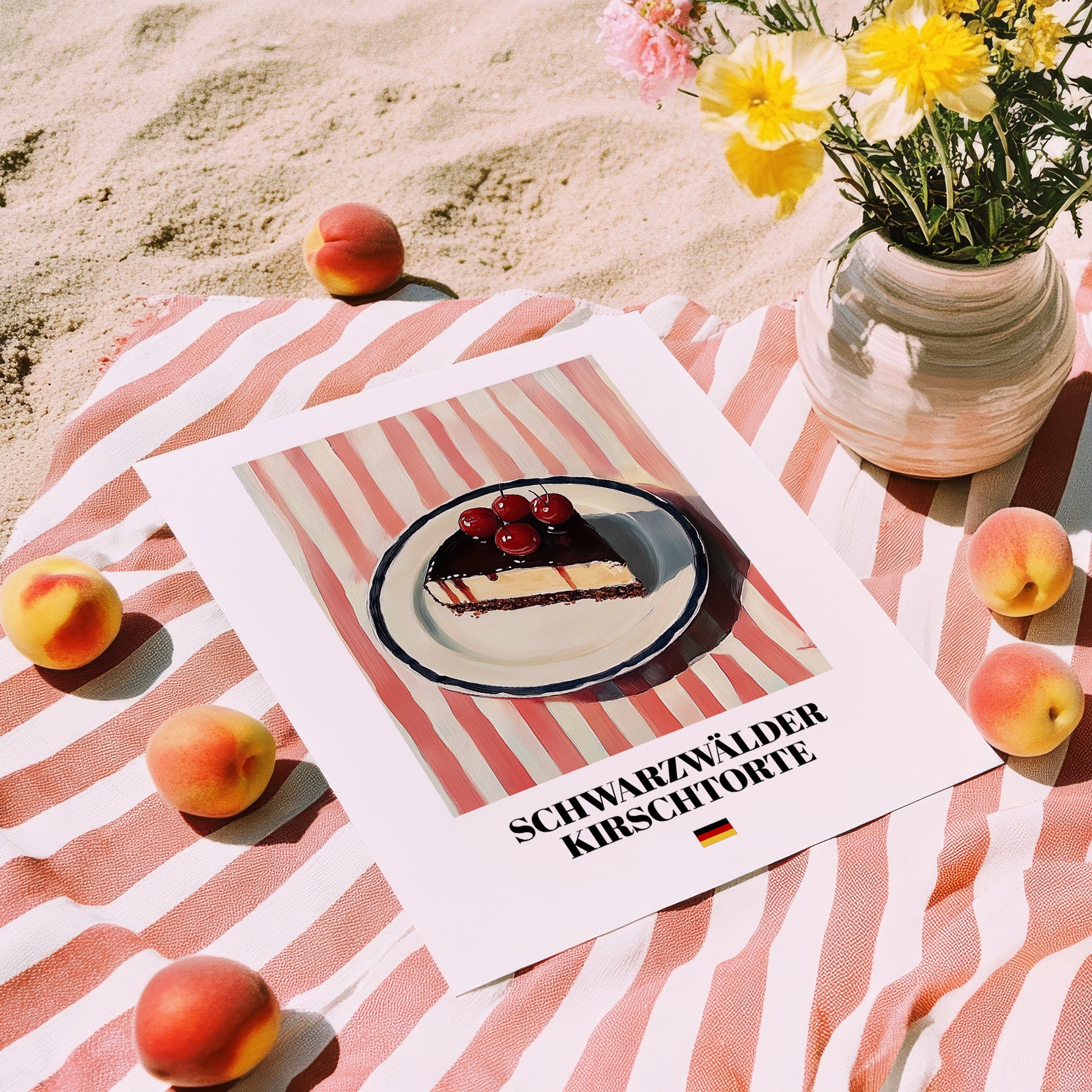 Schwarzwälder Kirschtorte – on Striped Tablecloth, German Dessert Art, unframed on coastal sand