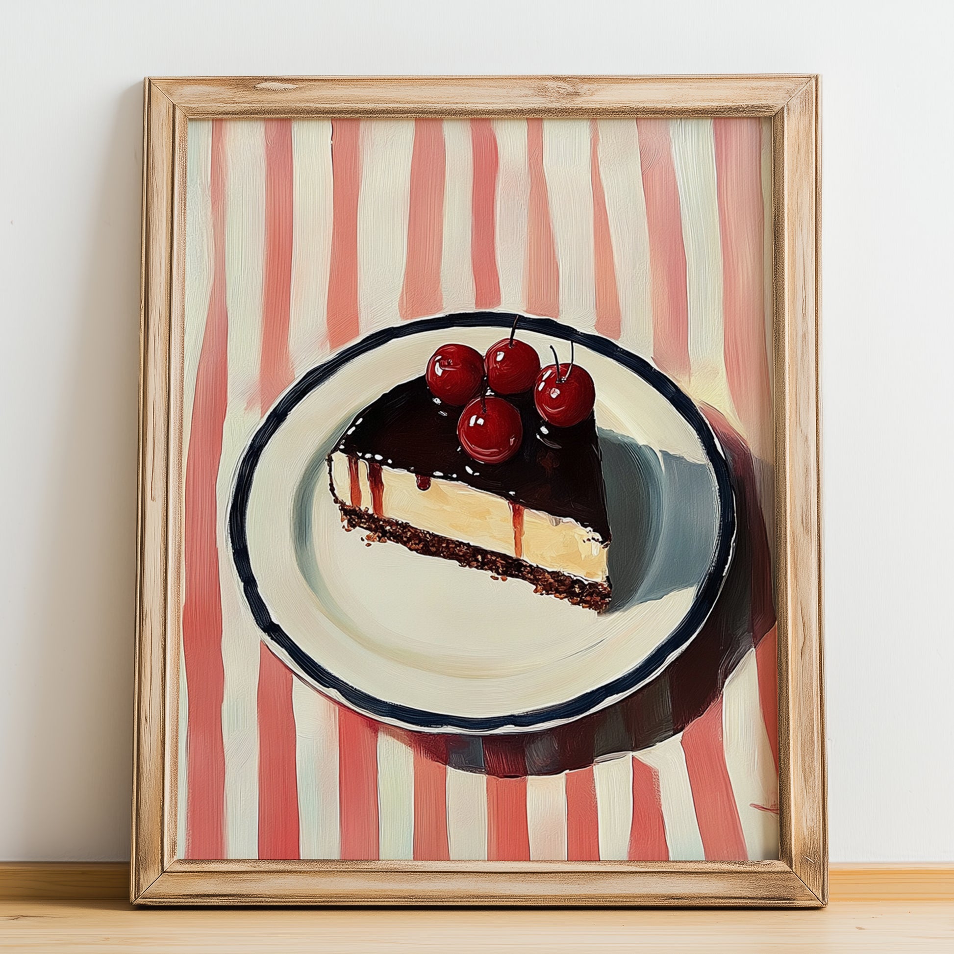 Schwarzwälder Kirschtorte – on Striped Tablecloth, German Dessert Art, no-text version framed in wood