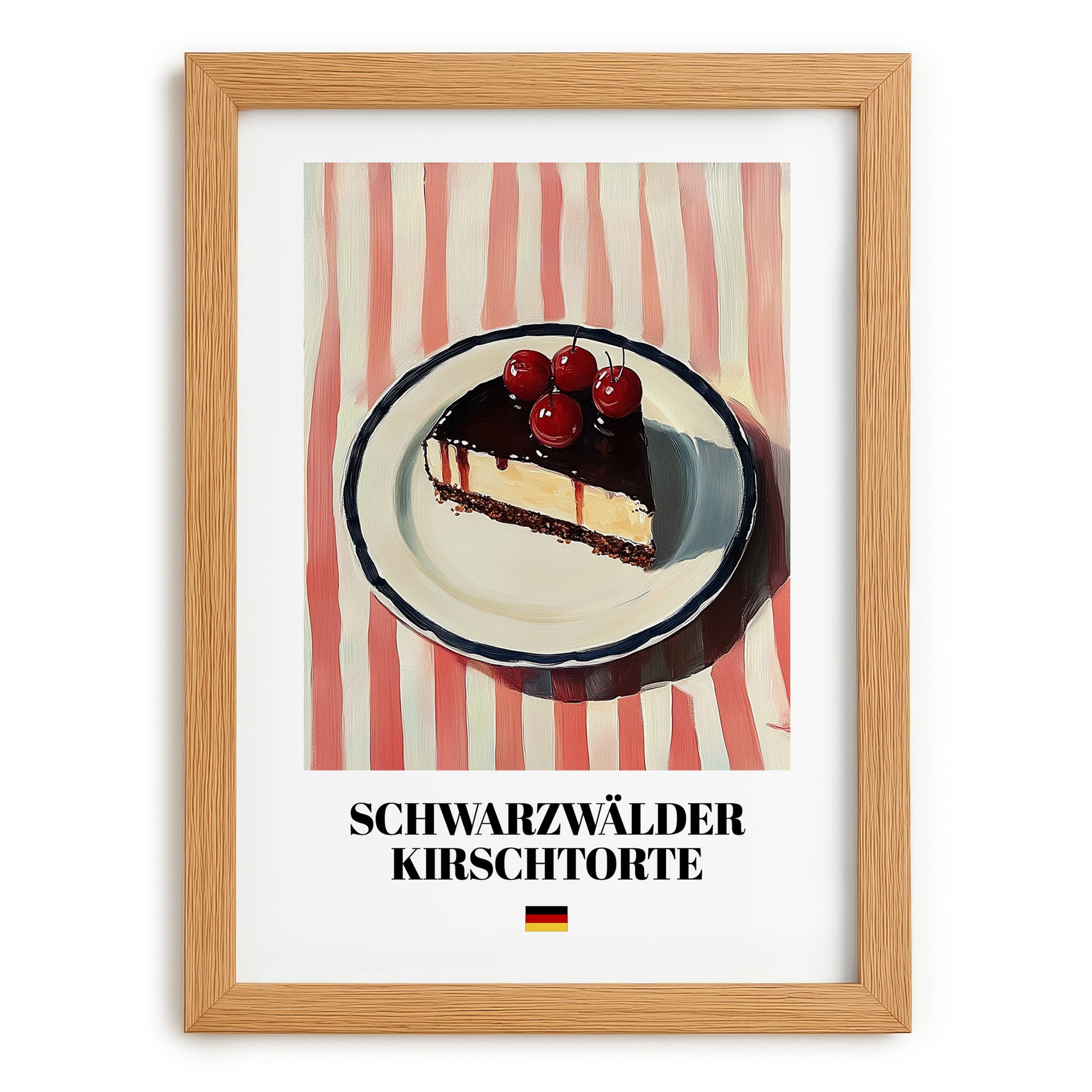 Schwarzwälder Kirschtorte – on Striped Tablecloth, German Dessert Art, set in oak frame