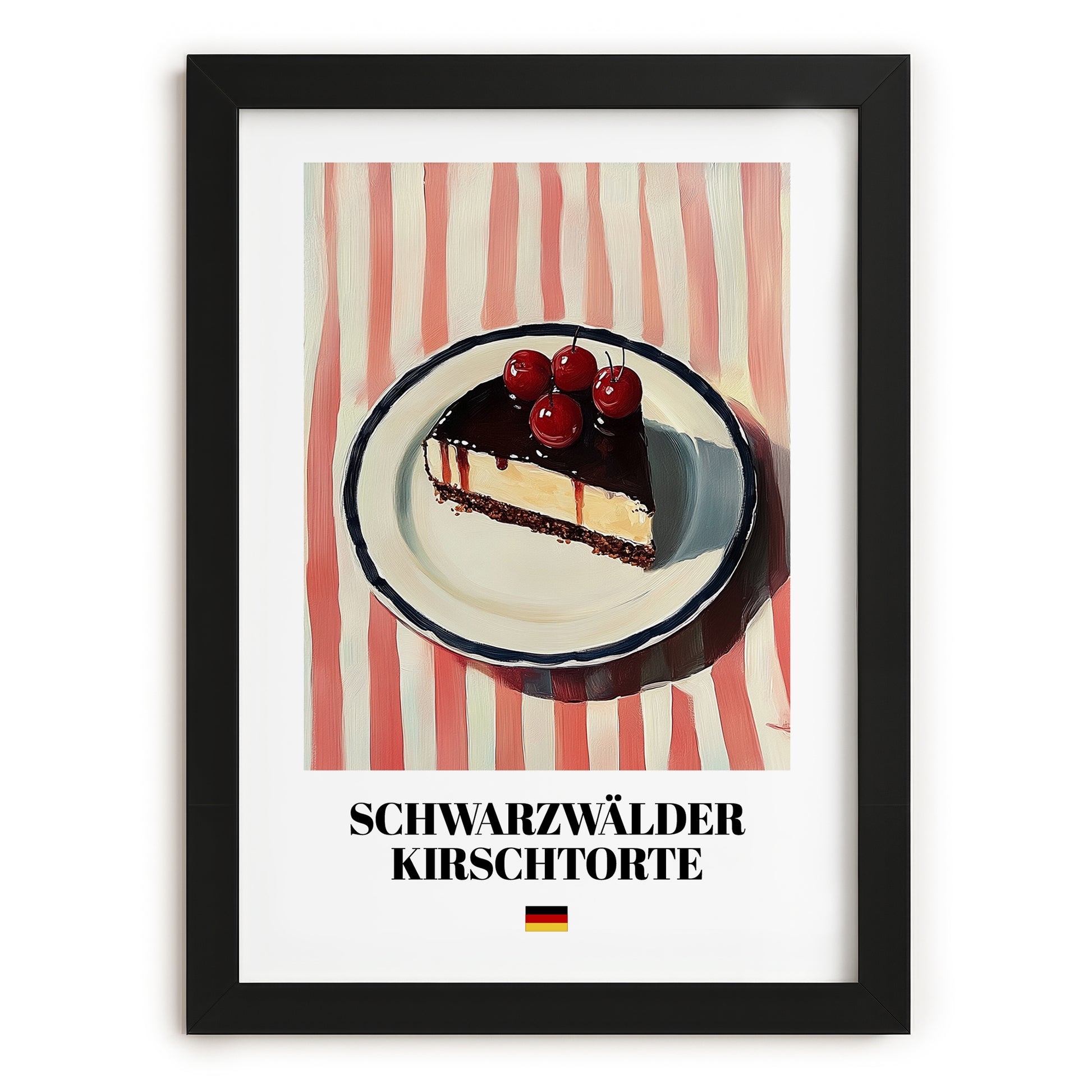 Schwarzwälder Kirschtorte – on Striped Tablecloth, German Dessert Art, in sleek black frame